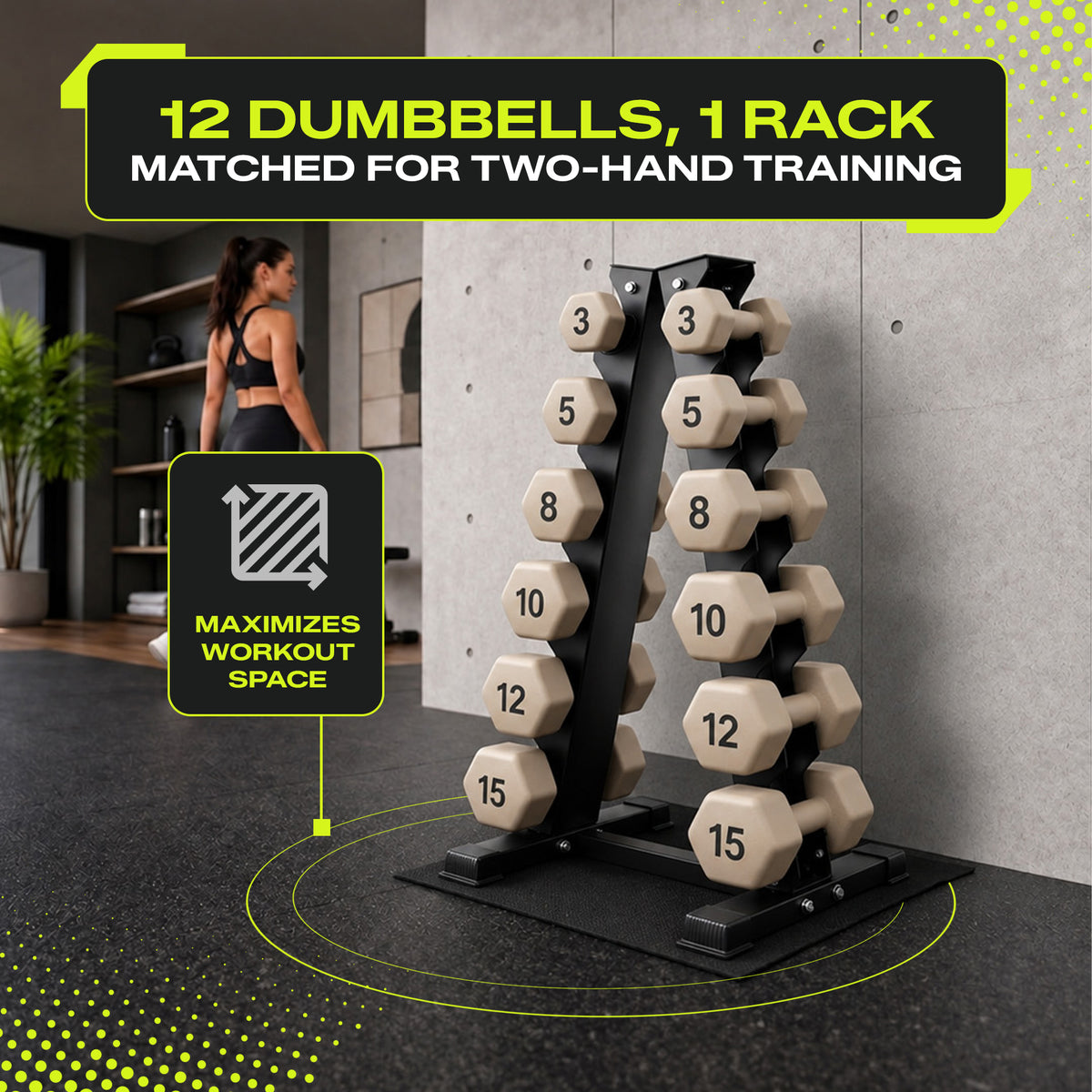 Aurorafy Neoprene Dumbbell Set w/ Rack, Pairs of 3, 5, 8, 10, 12, 15 lb Weights