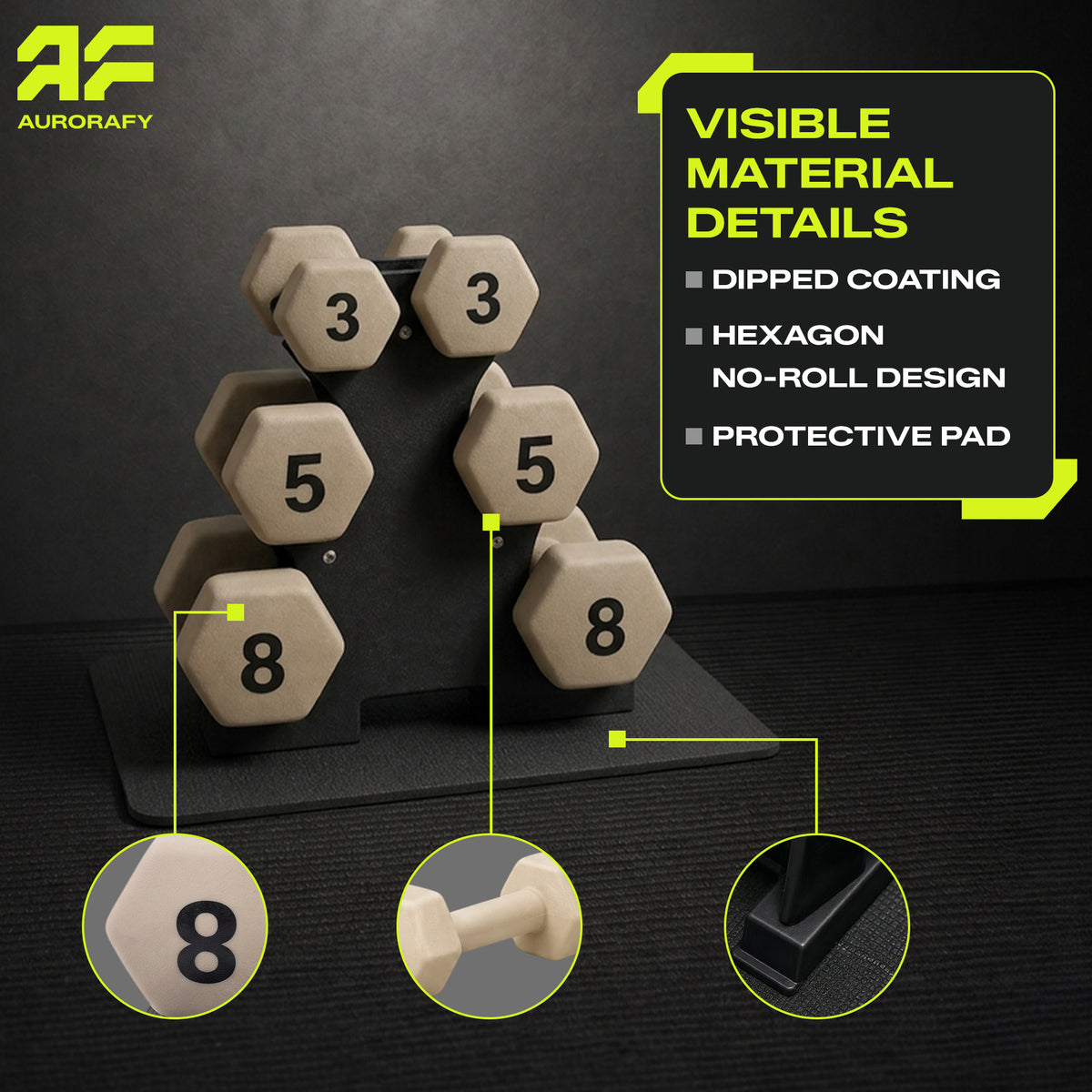 Aurorafy Neoprene Dumbbell Workout Set with Rack, 3 lbs, 5 lbs, & 8 lbs, Beige