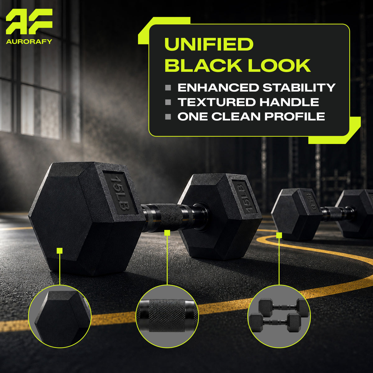 Aurorafy Hex Dumbells, Rubber Encased Strength Training Weight Set, 15 lb Pair
