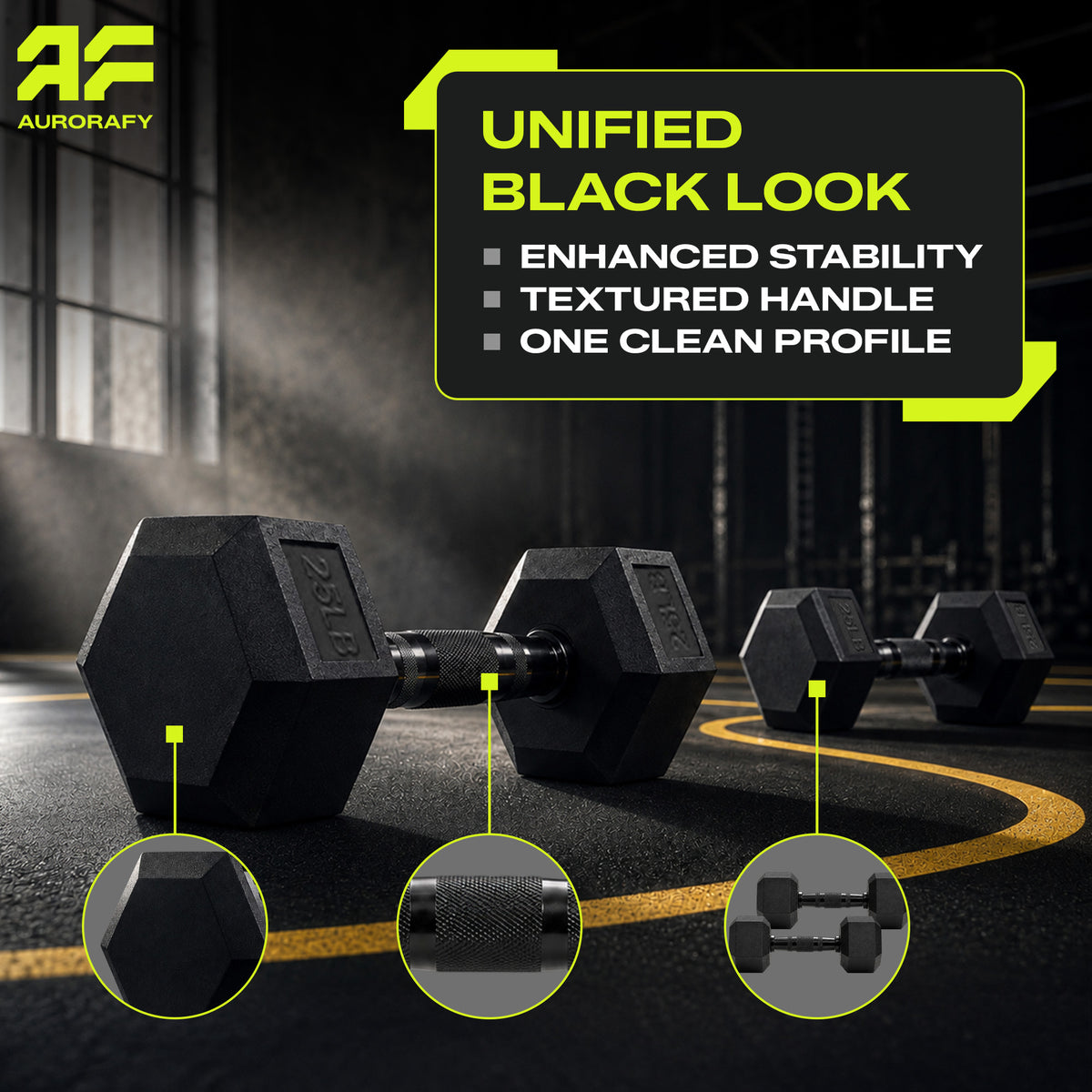 Aurorafy Hex Dumbells, Rubber Encased Strength Training Weight Set, 25 lb Pair