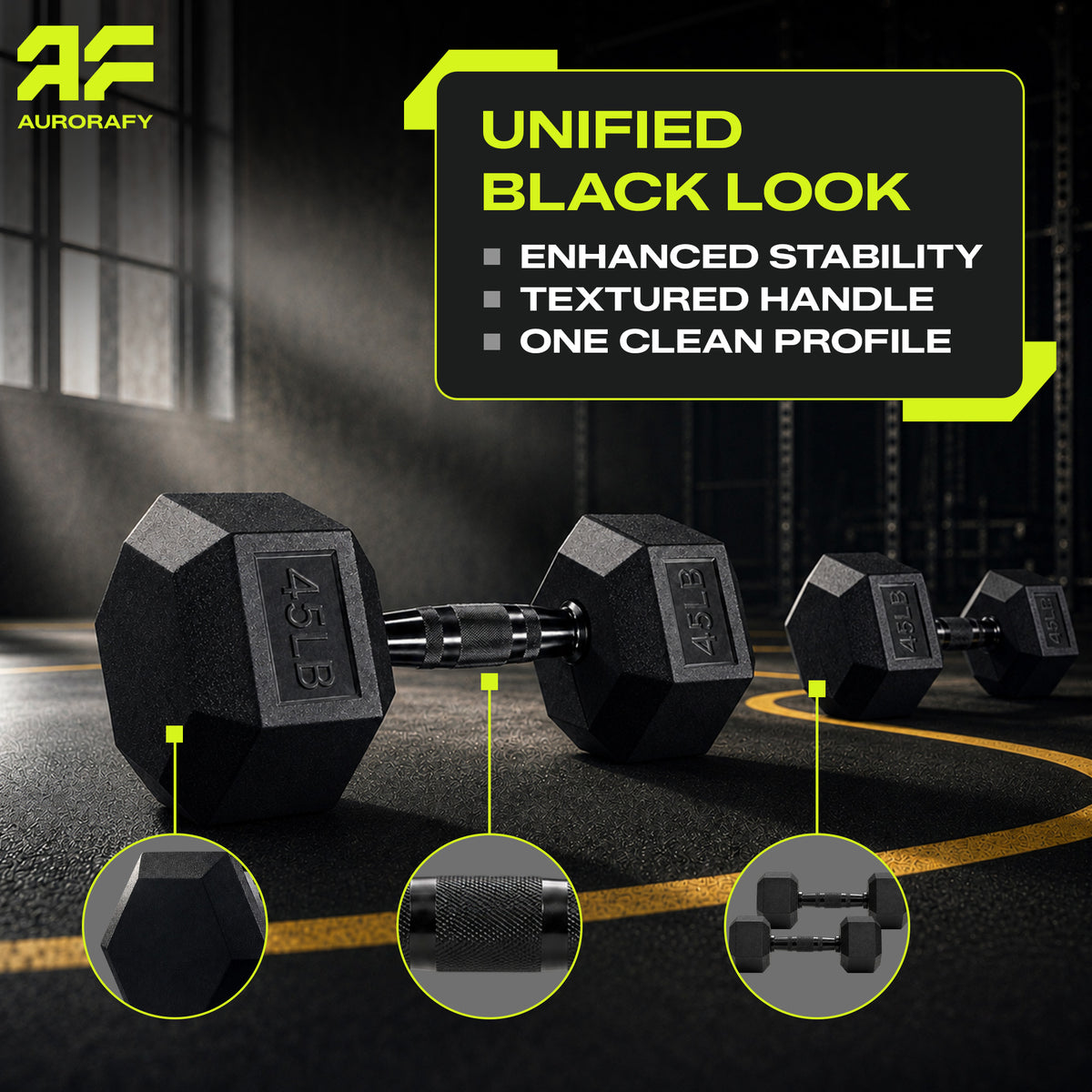 Aurorafy Hex Dumbells, Rubber Encased Strength Training Weight Set, 45 lb Pair