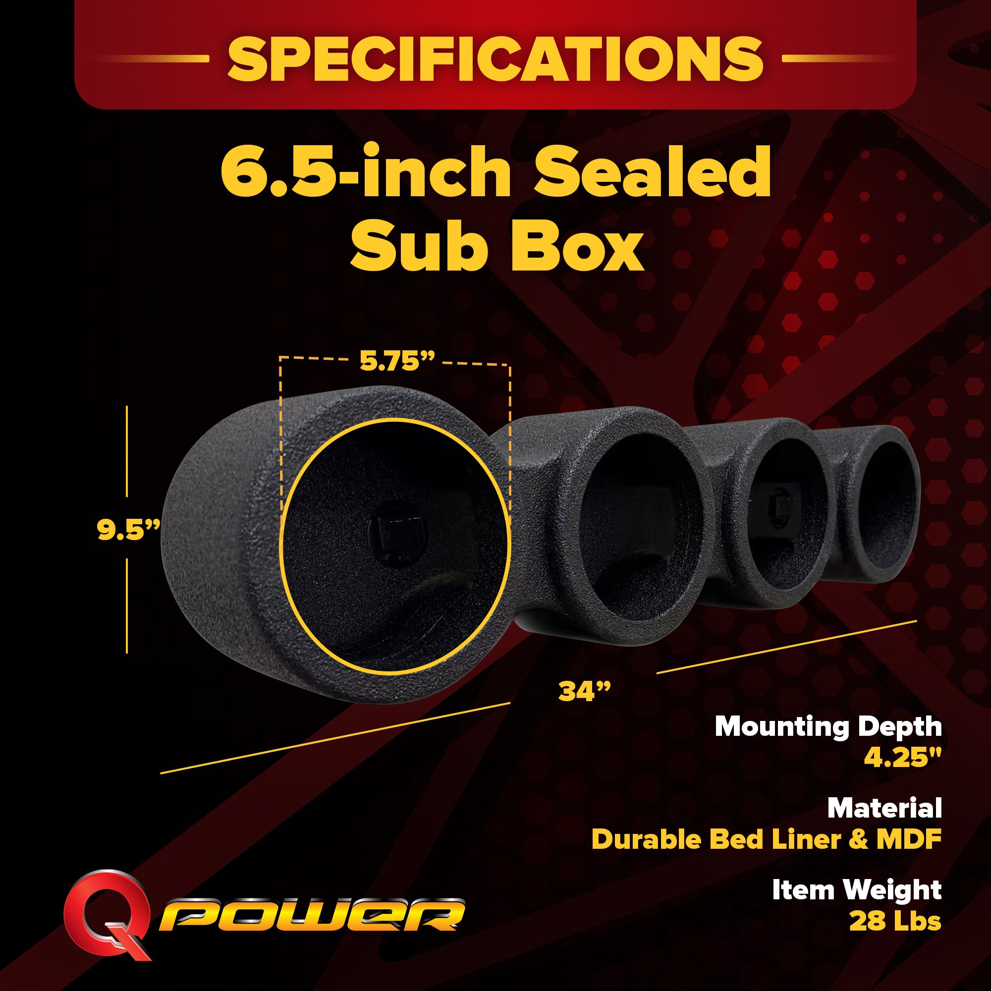 Q Power Sprayed Pod Quad 6.5" Speaker Box, 4-Hole Sealed Enclosure, Black - VMInnovations