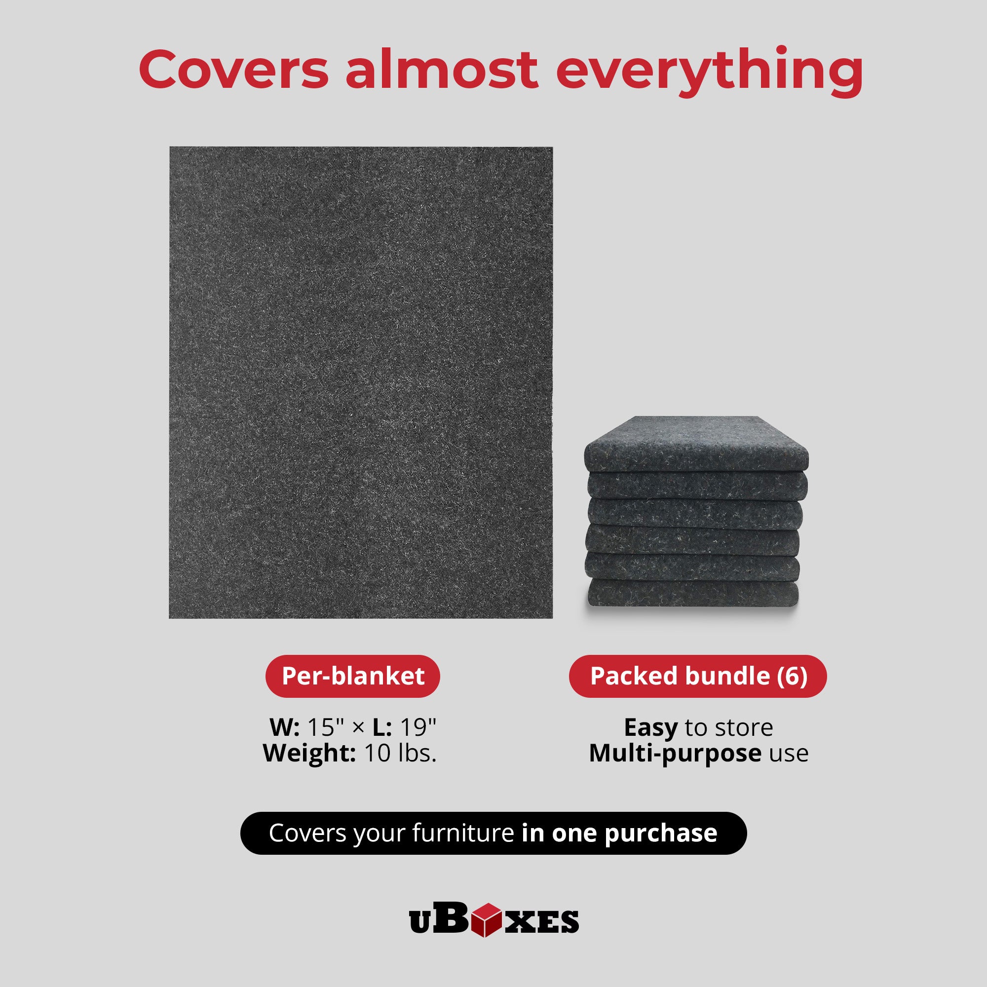 uBoxes 6-Pack Moving Blankets, Floor Protectors for Moving and Packing, Gray - VMInnovations