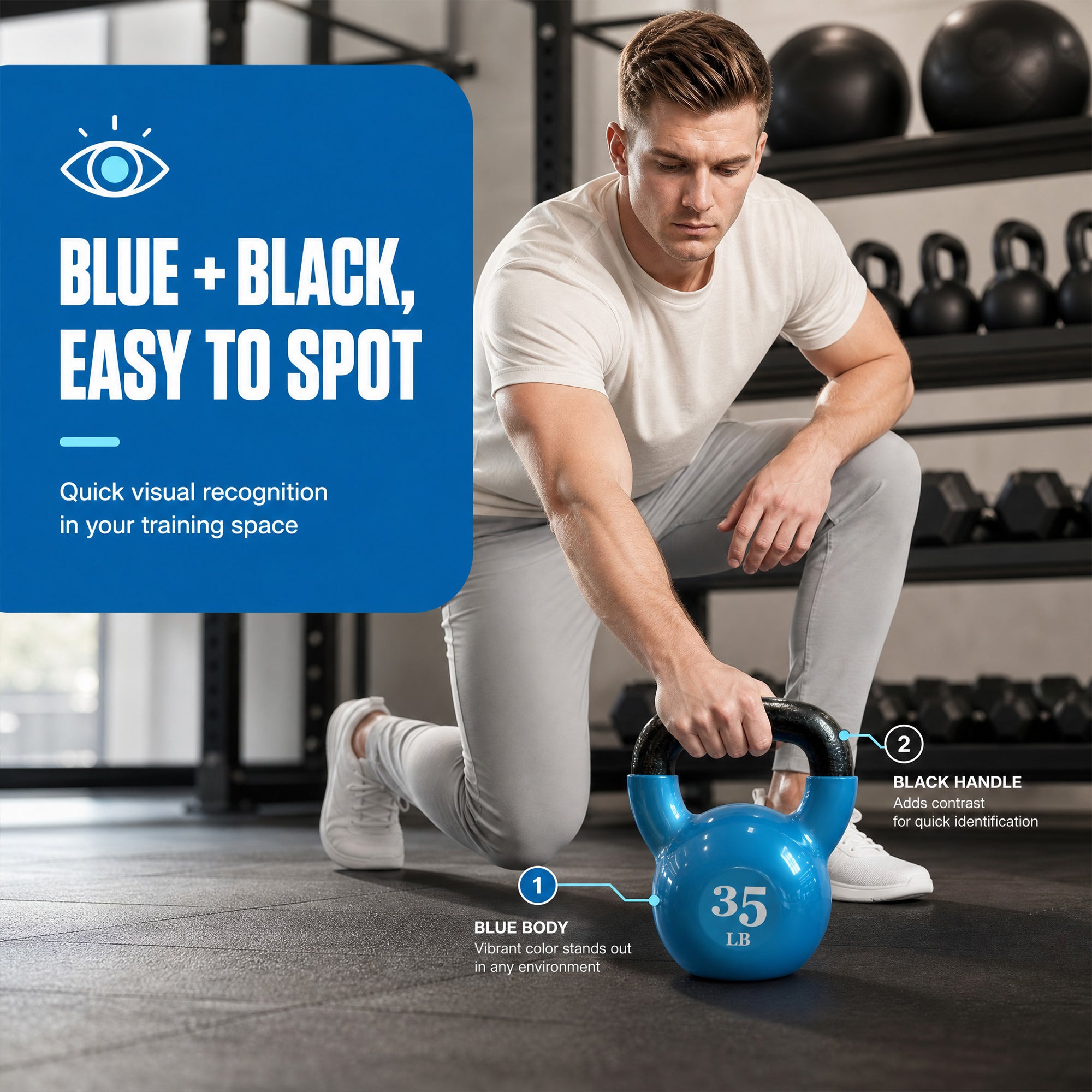 Fitvids 35 lb Vinyl-Coated Kettlebell Weight for Strength Training, Light Blue