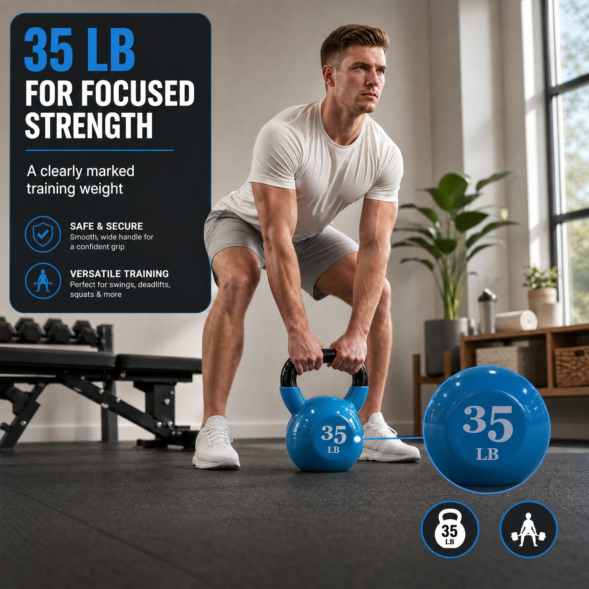 Fitvids 35 lb Vinyl-Coated Kettlebell Weight for Strength Training, Light Blue