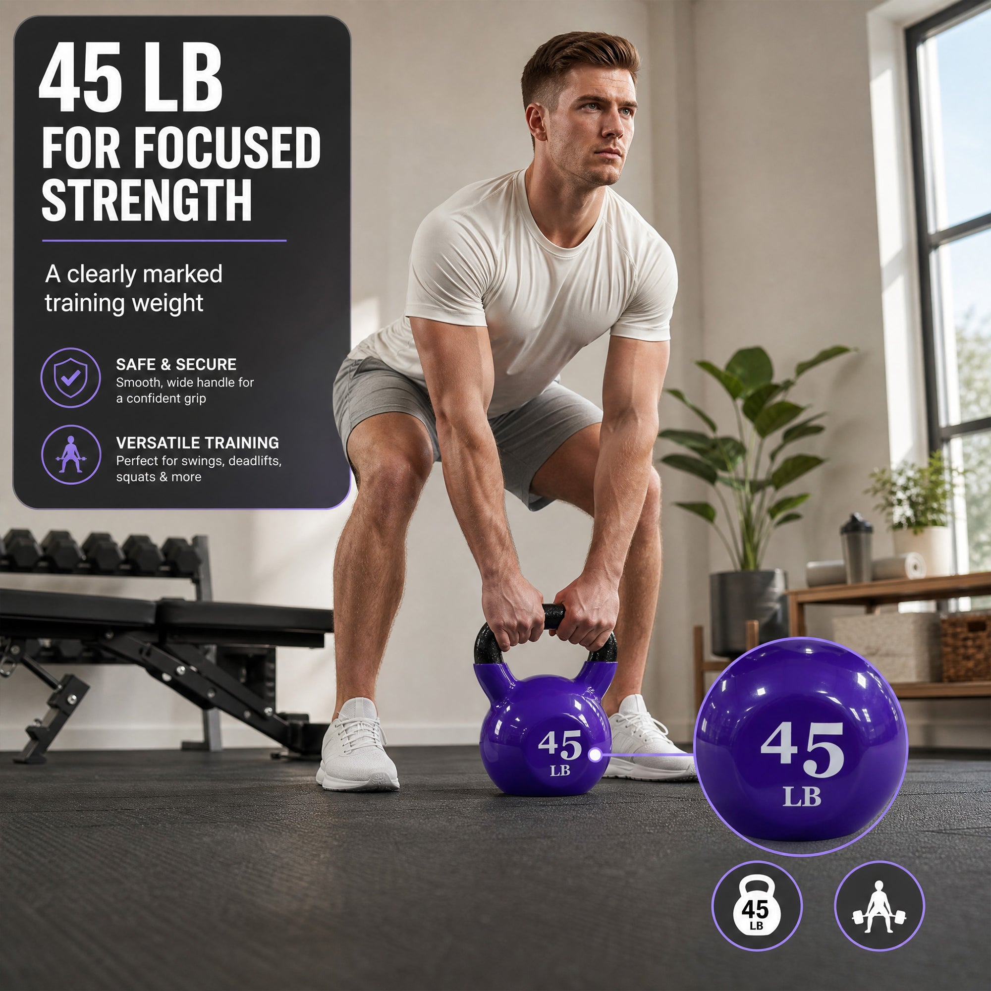 Fitvids 45 lb Vinyl-Coated Kettlebell With Handle for Strength Training, Violet