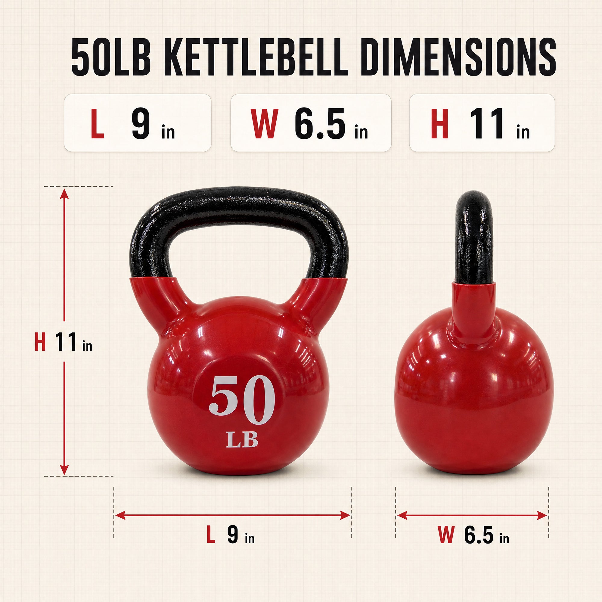 Fitvids 50 lb Vinyl-Coated Kettlebell w/ Wide Handle for Strength Training, Red