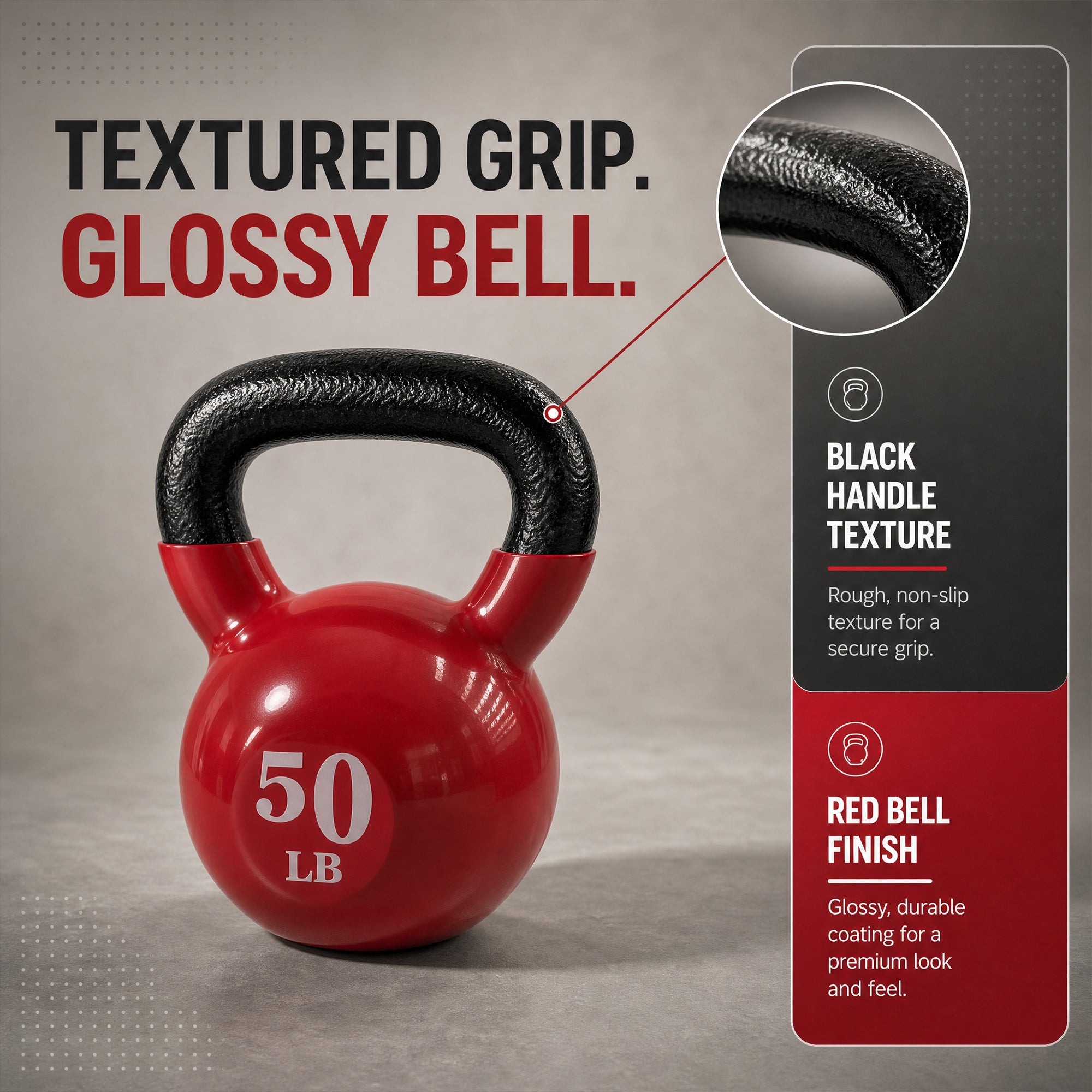 Fitvids 50 lb Vinyl-Coated Kettlebell w/ Wide Handle for Strength Training, Red