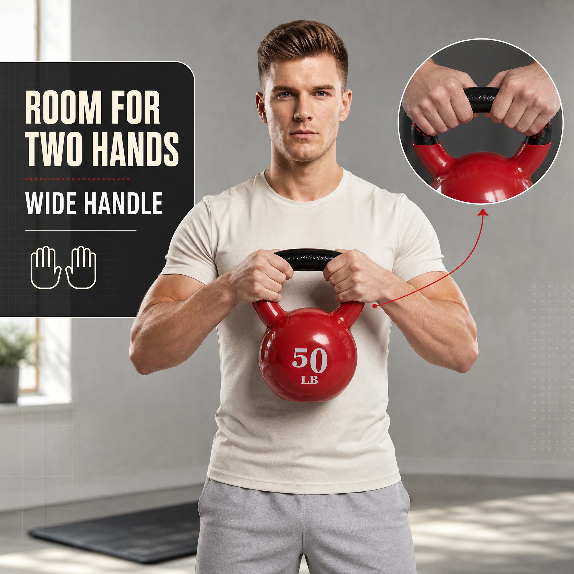 Fitvids 50 lb Vinyl-Coated Kettlebell w/ Wide Handle for Strength Training, Red