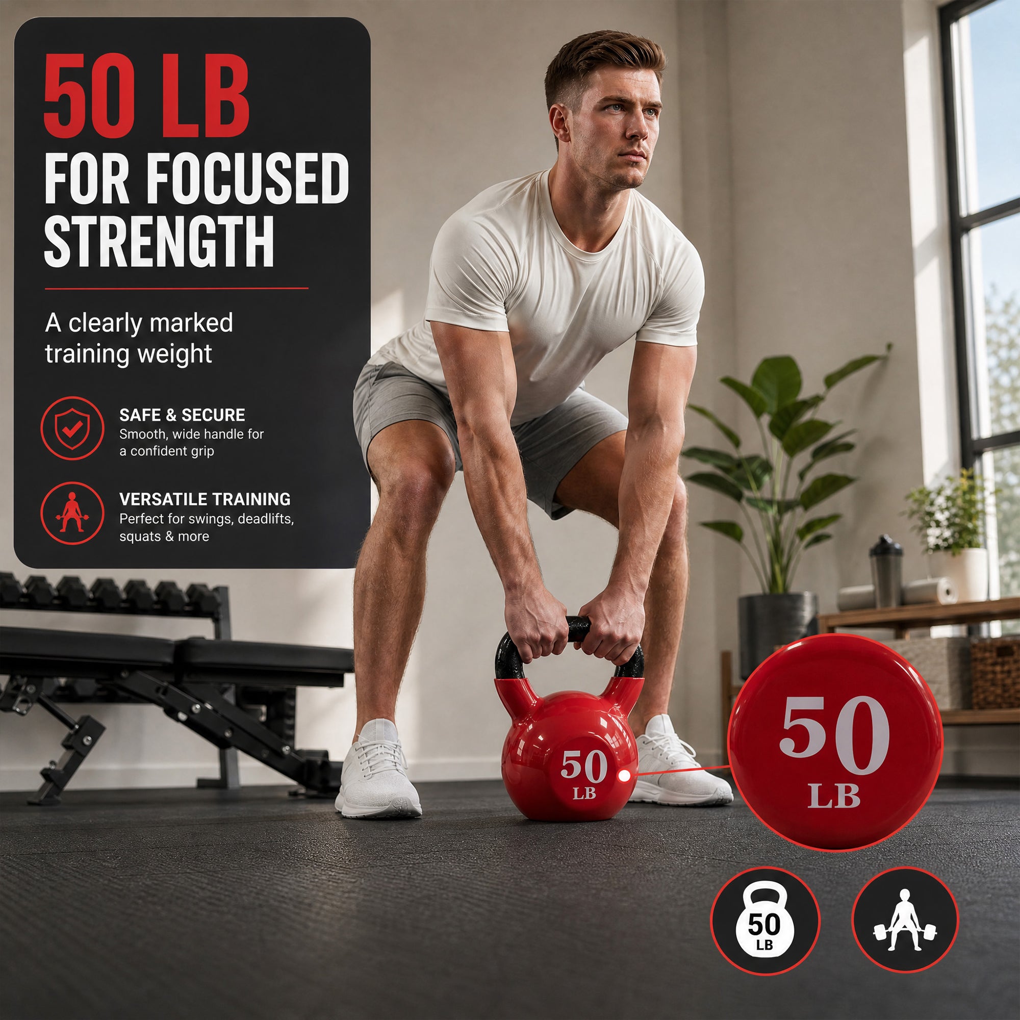 Fitvids 50 lb Vinyl-Coated Kettlebell w/ Wide Handle for Strength Training, Red