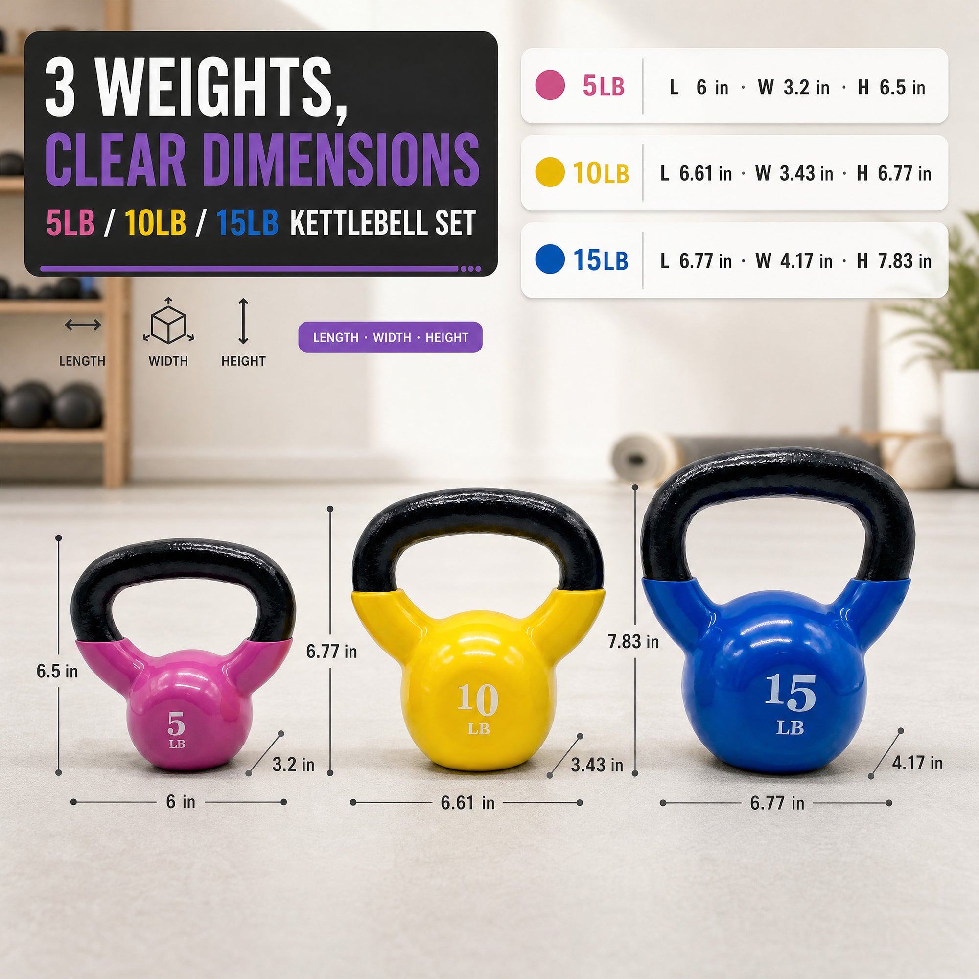 Fitvids Vinyl-Coated Kettlebell Weights, Set of 5, 10, and 15 lb, Multicolor