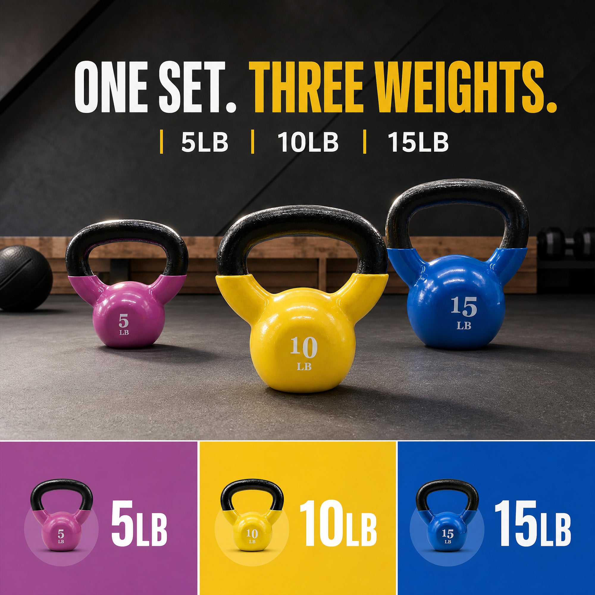 Fitvids Vinyl-Coated Kettlebell Weights, Set of 5, 10, and 15 lb, Multicolor