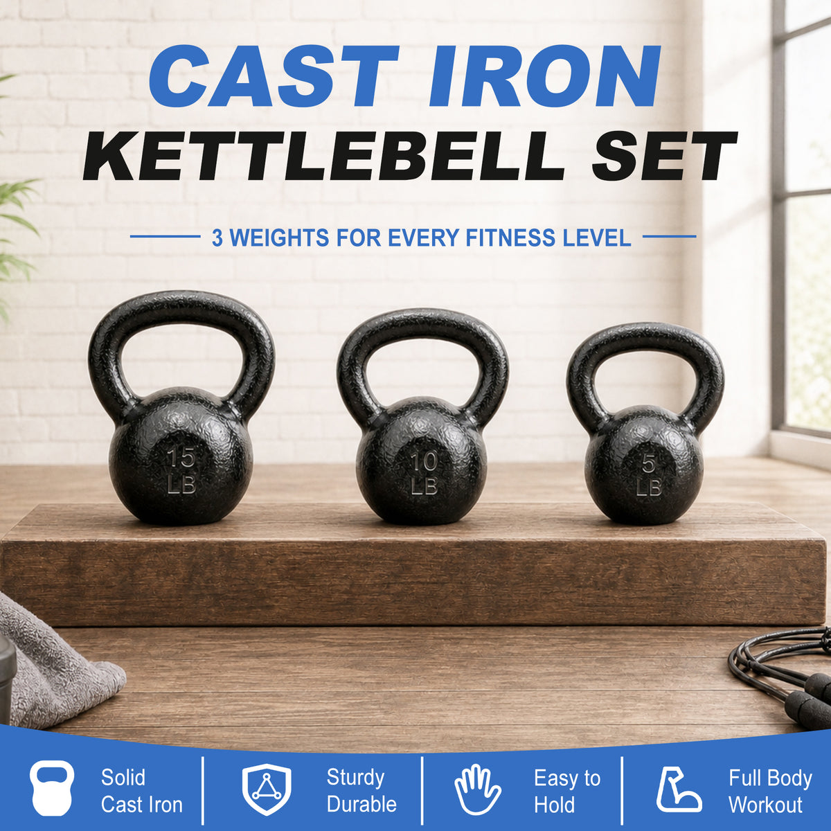 BalanceFrom Cast Iron Kettlebell Set for Home Gym Training, 5 lb, 10 lb, & 15 lb
