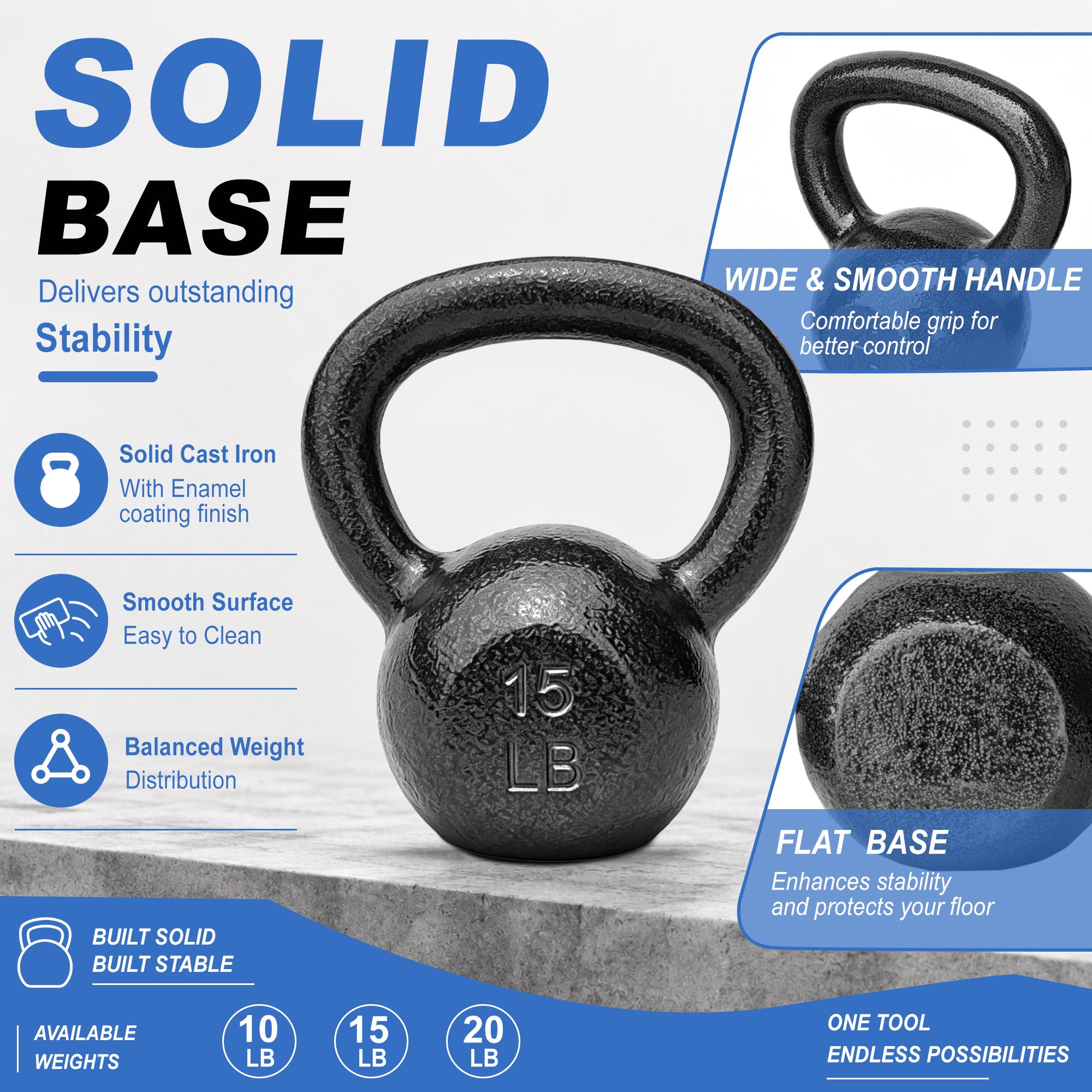 BalanceFrom Cast Iron Kettlebell Weights Set w/ Handle, 10, 15, and 20 lb, Gray