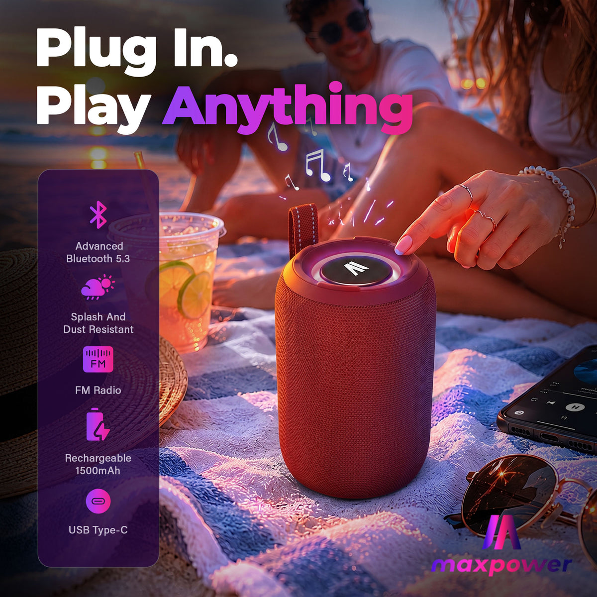 Max Power MPD395 Pulse Boom Portable Bluetooth Speaker with Heavy Bass, Red - VMInnovations