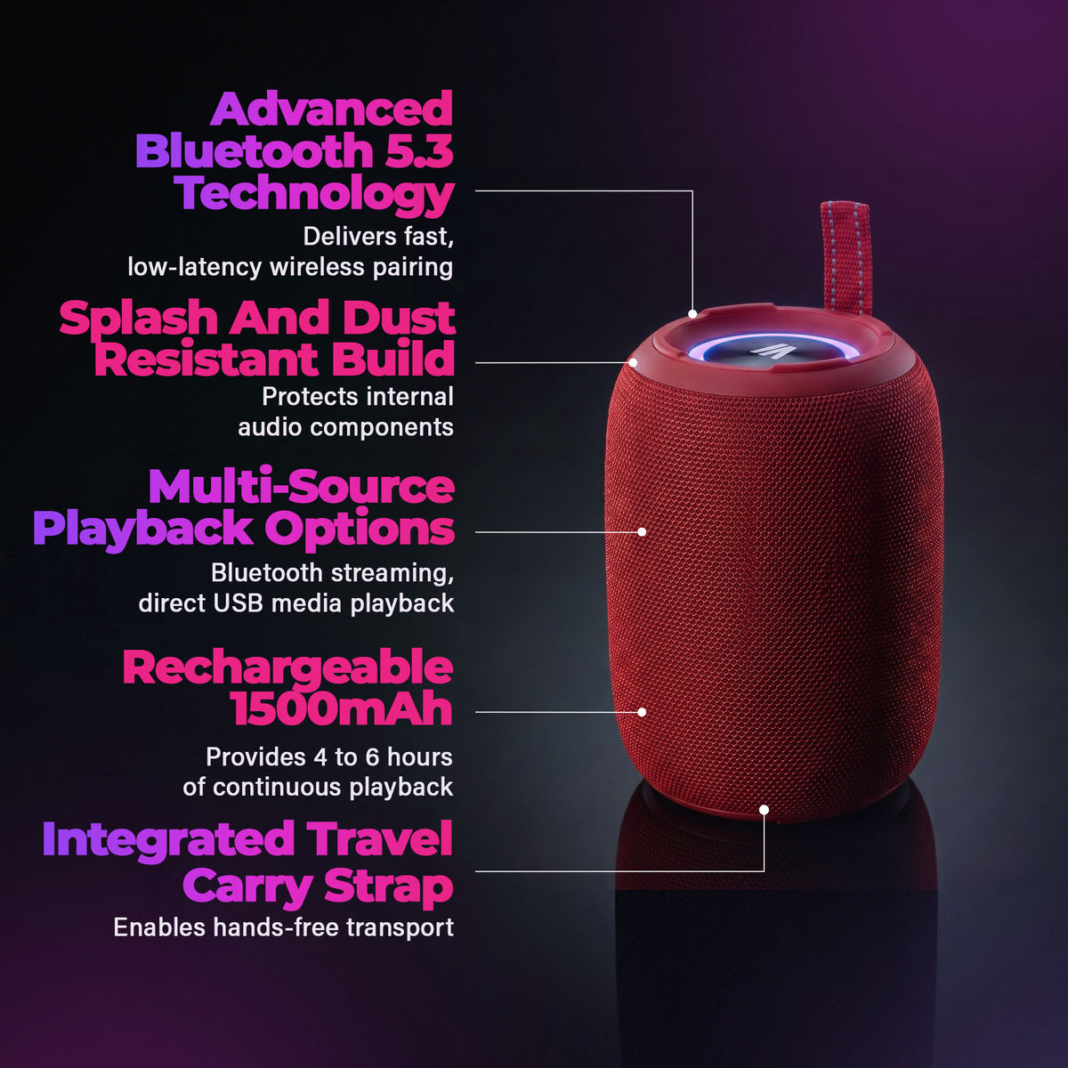 Max Power MPD395 Pulse Boom Portable Bluetooth Speaker with Heavy Bass, Red - VMInnovations