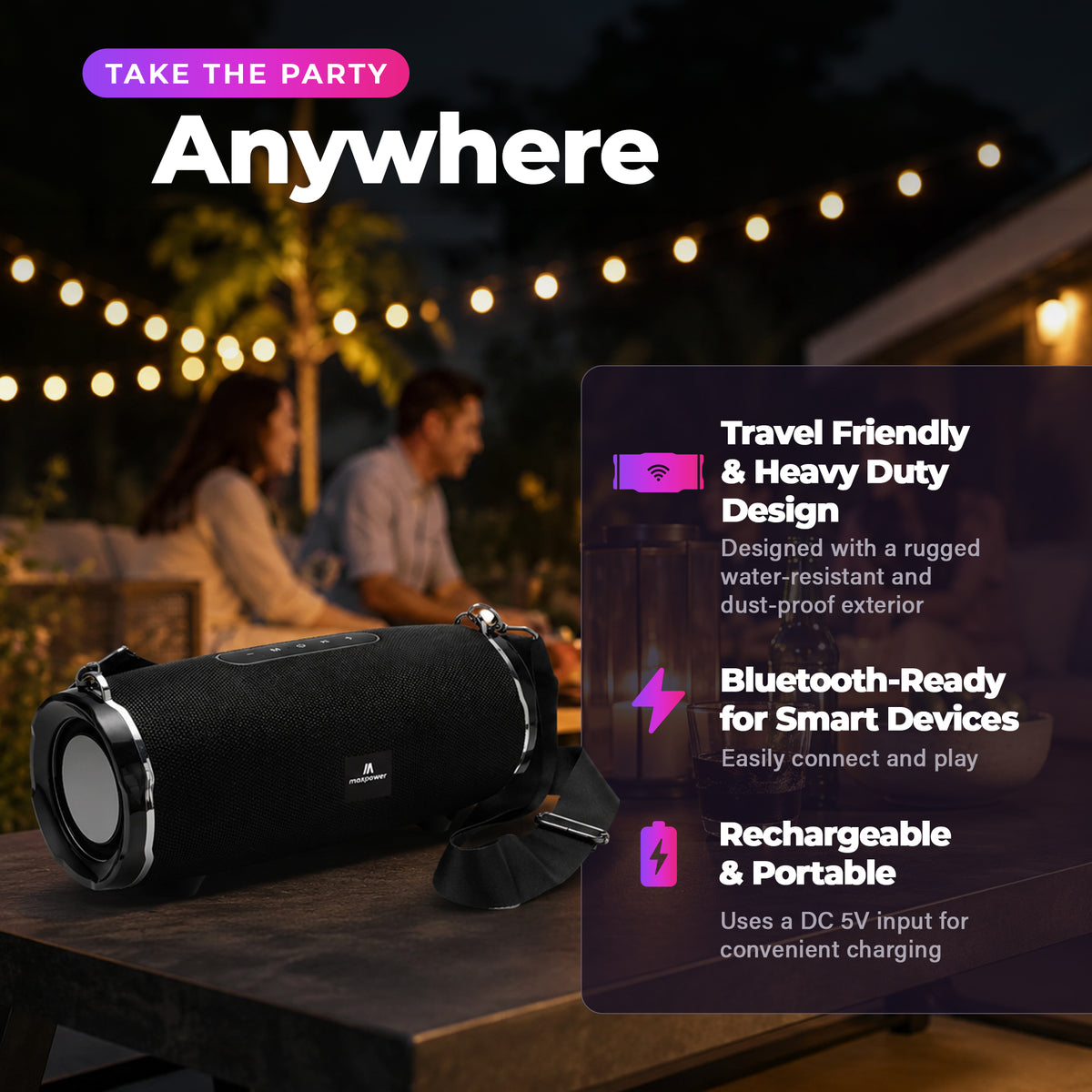 Max Power Encore Portable Wireless Outdoor Speaker with Bluetooth 5.3 and Strap