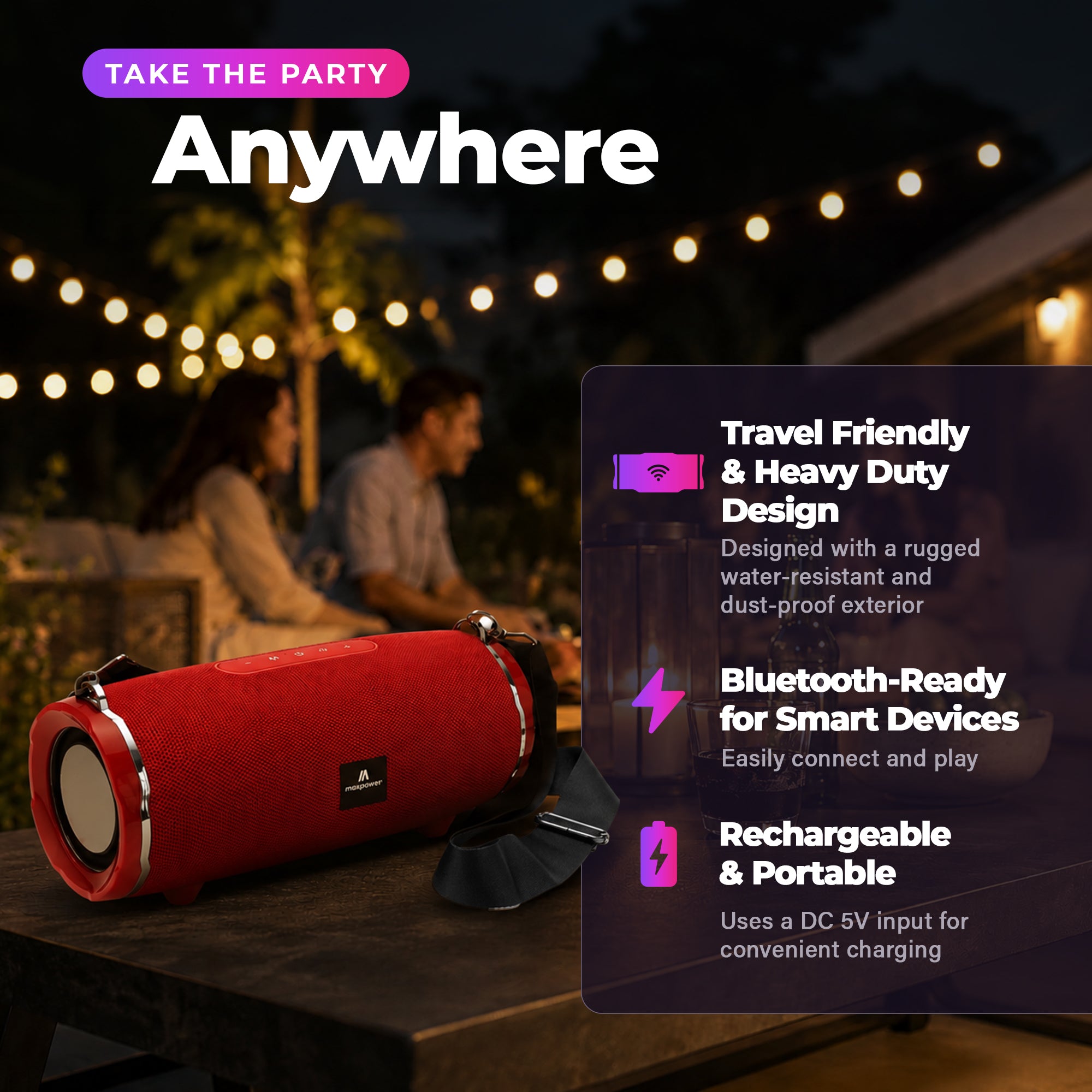 Max Power Encore Portable Wireless Outdoor Speaker with Bluetooth 5.3 and Strap - VMInnovations