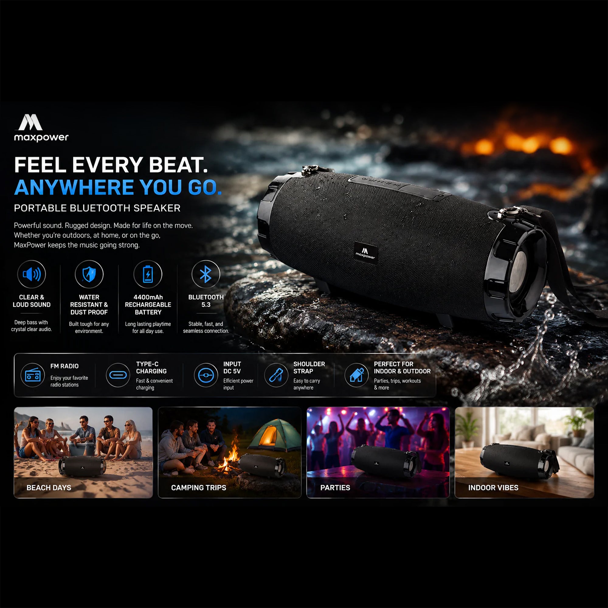 Max Power MPD526 Cyclone 2.0 Rechargeable Bluetooth Speaker, Carry Strap, Black - VMInnovations