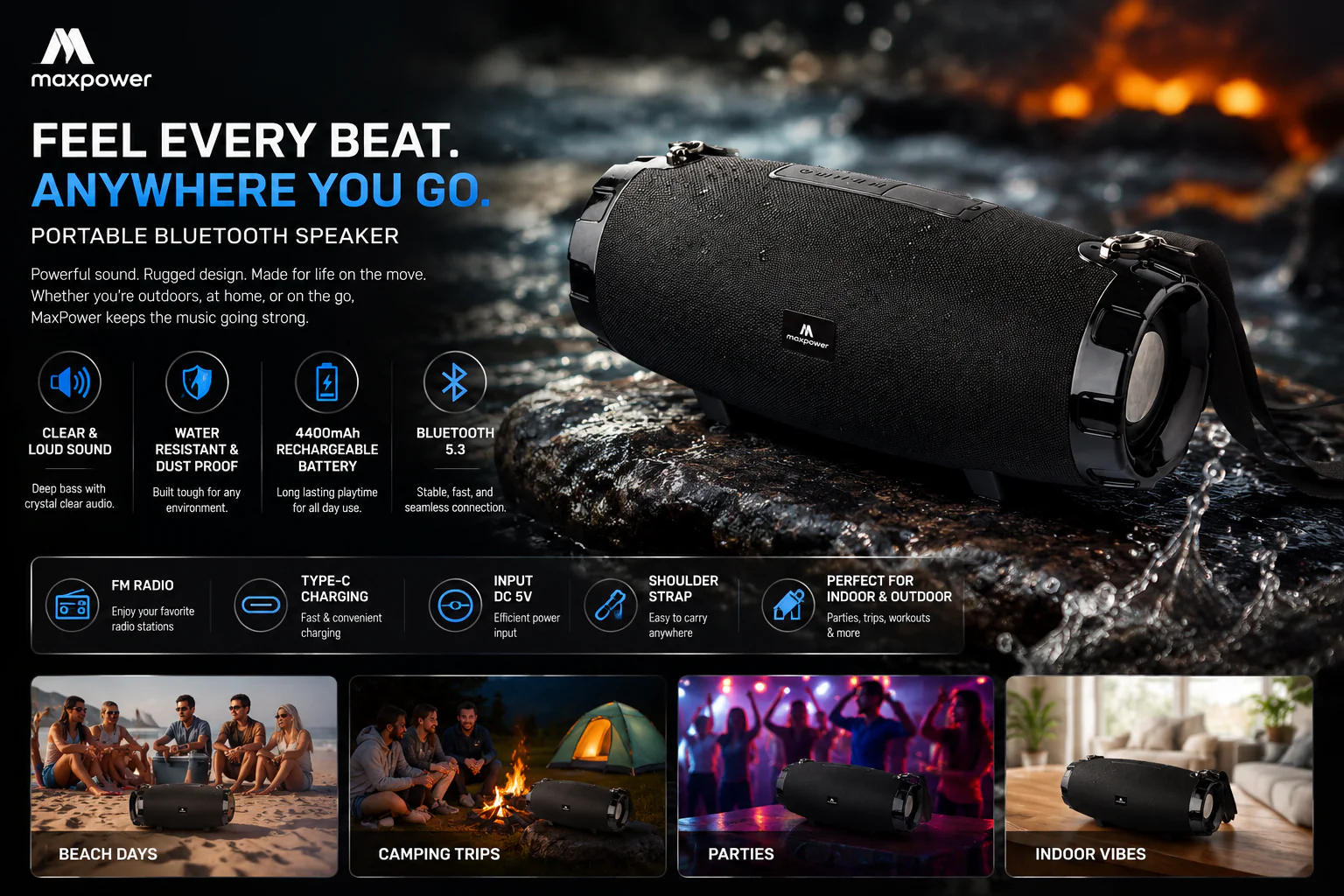 Max Power MPD526 Cyclone 2.0 Rechargeable Bluetooth Speaker, Carry Strap, Blue - VMInnovations