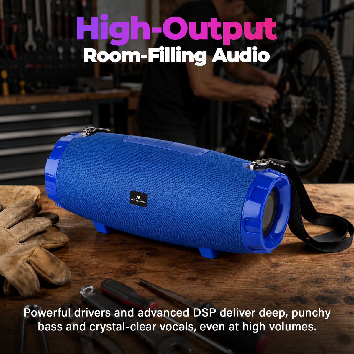 Max Power MPD526 Cyclone 2.0 Rechargeable Bluetooth Speaker, Carry Strap, Blue