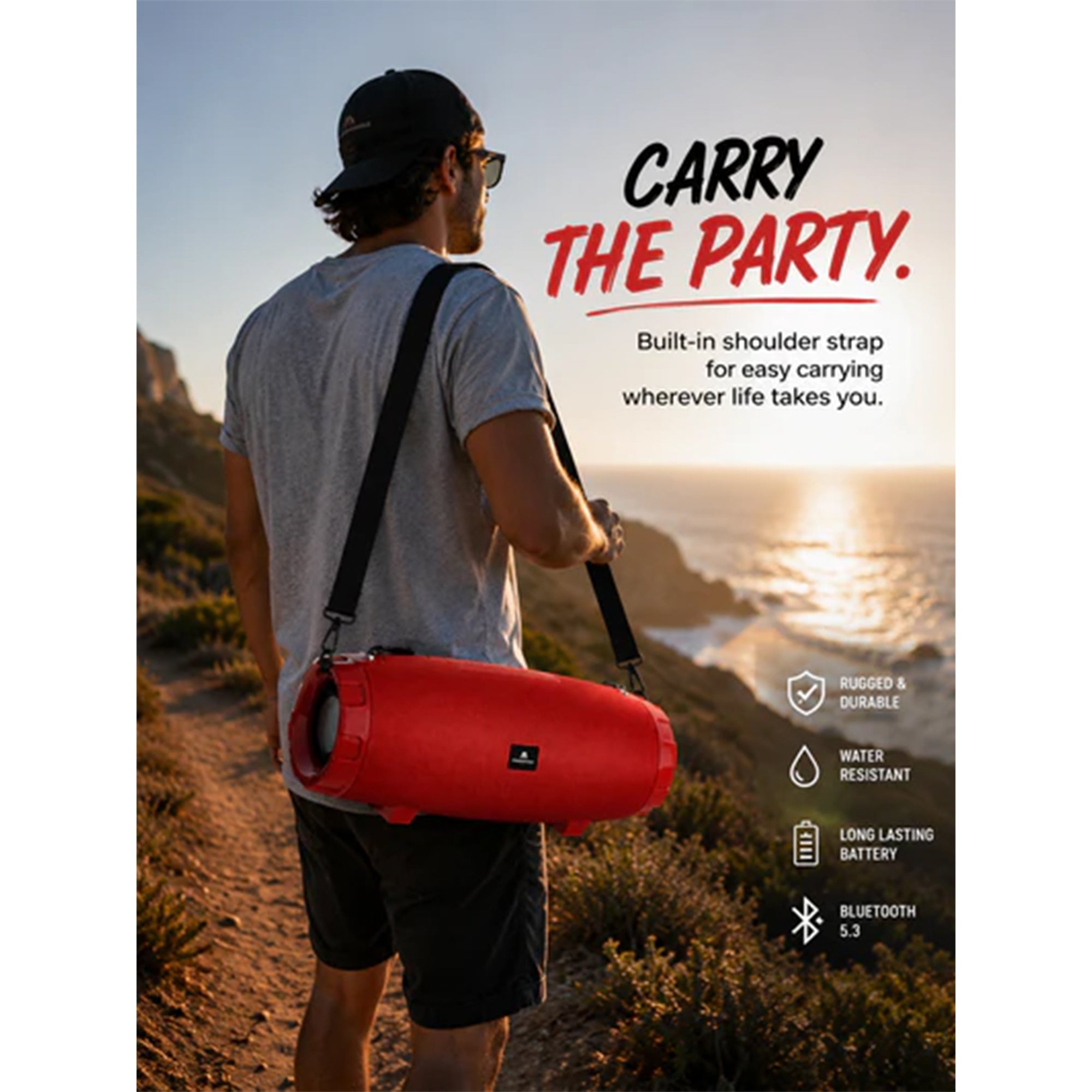 Max Power MPD526 Cyclone 2.0 Rechargeable Bluetooth Speaker, Carry Strap, Red - VMInnovations