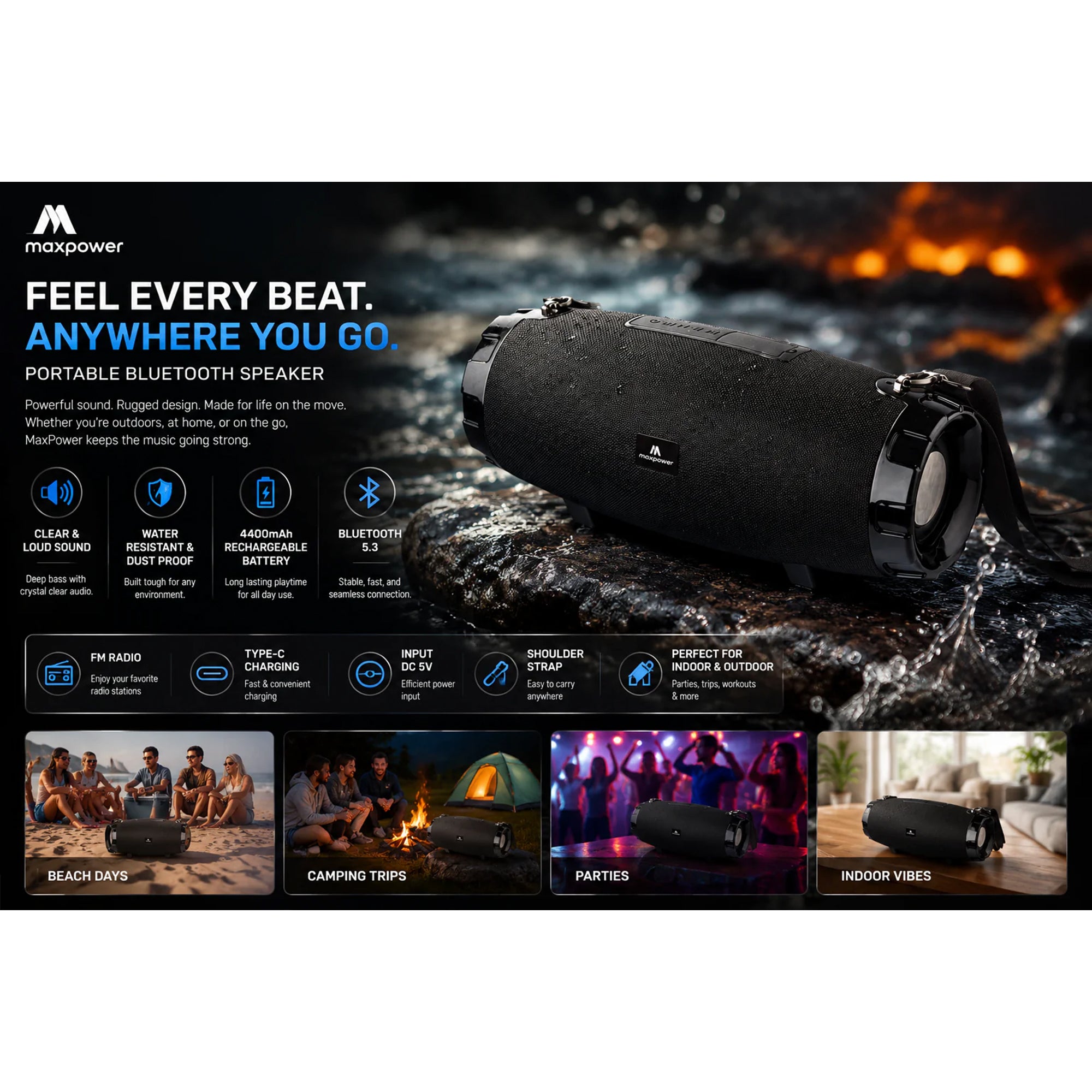 Max Power MPD526 Cyclone 2.0 Rechargeable Bluetooth Speaker, Carry Strap, Red - VMInnovations