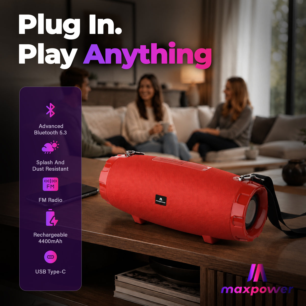 Max Power MPD526 Cyclone 2.0 Rechargeable Bluetooth Speaker, Carry Strap, Red