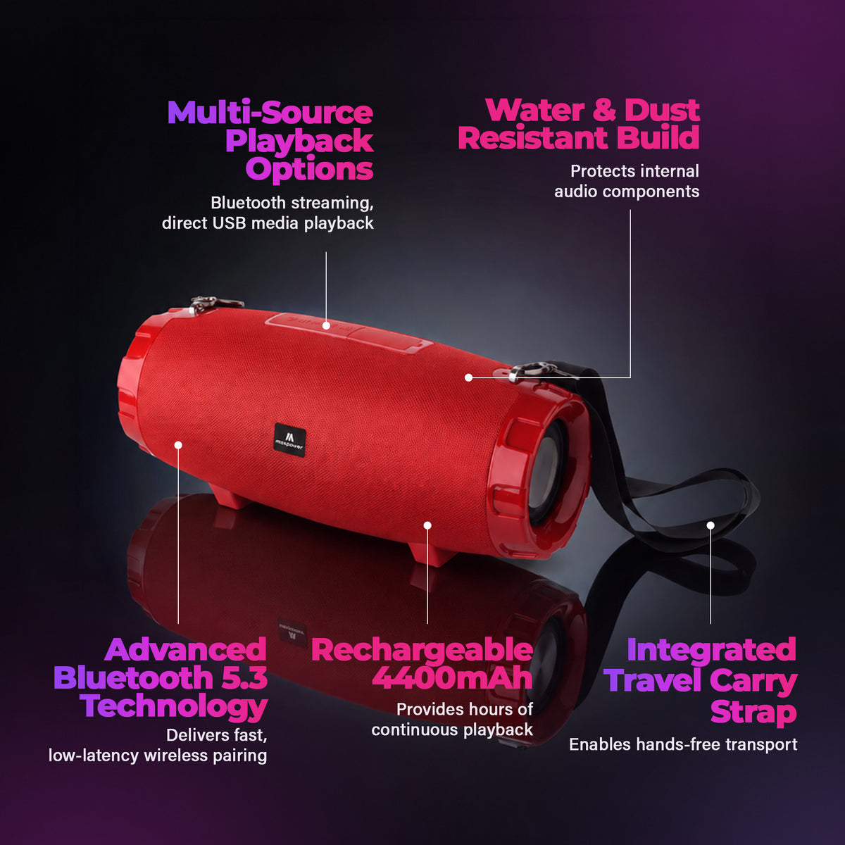 Max Power MPD526 Cyclone 2.0 Rechargeable Bluetooth Speaker, Carry Strap, Red