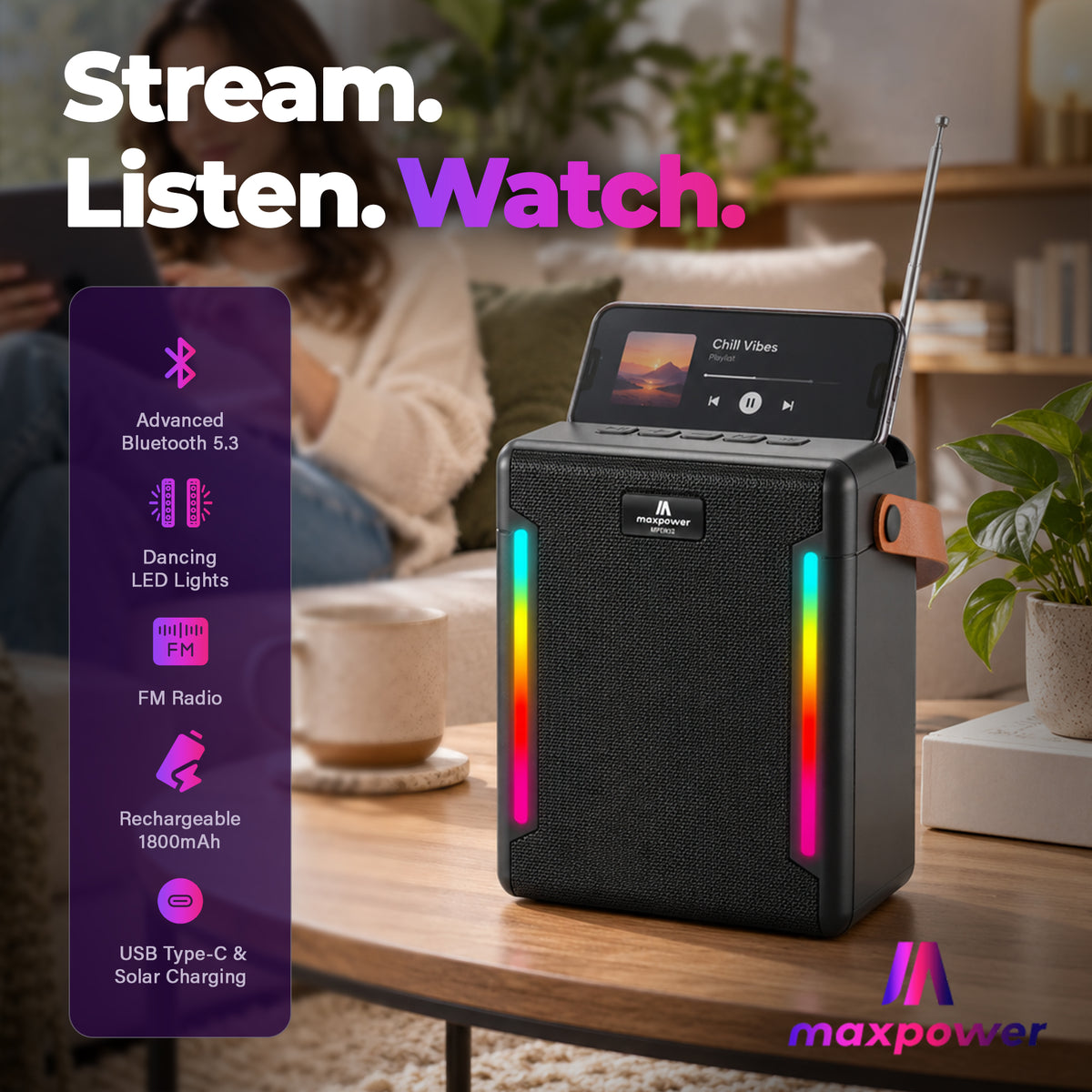 Max Power Solar Beat Bluetooth Speaker with Solar Charging and Type C Charging