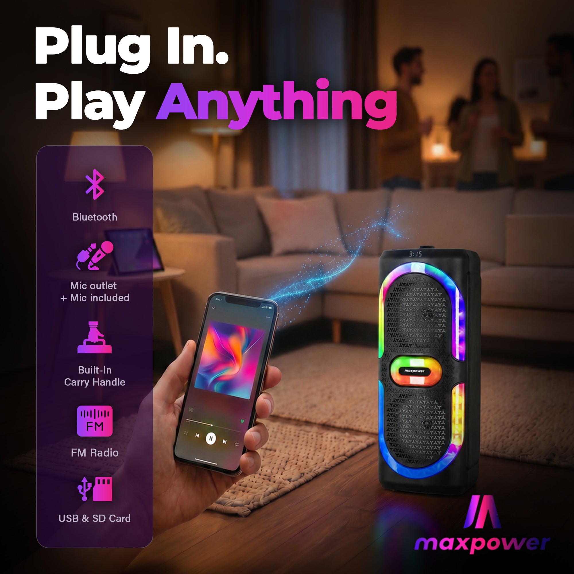 Max Power MPD6D 6.5" Bluetooth Karaoke Speaker, LEDs, Dual Woofers & Microphone - VMInnovations