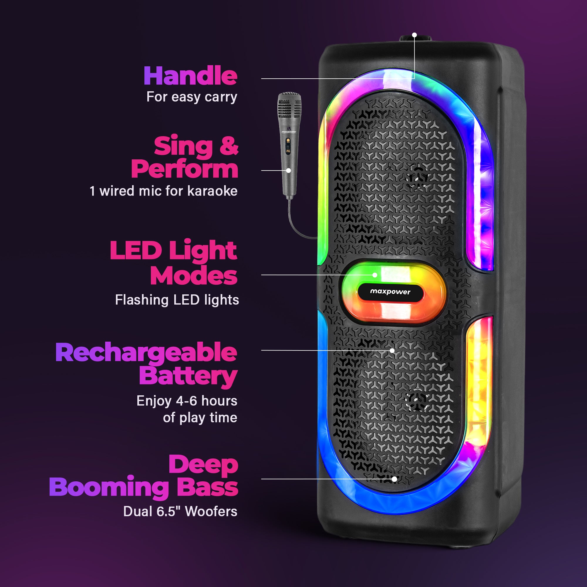Max Power MPD6D 6.5" Bluetooth Karaoke Speaker, LEDs, Dual Woofers & Microphone - VMInnovations