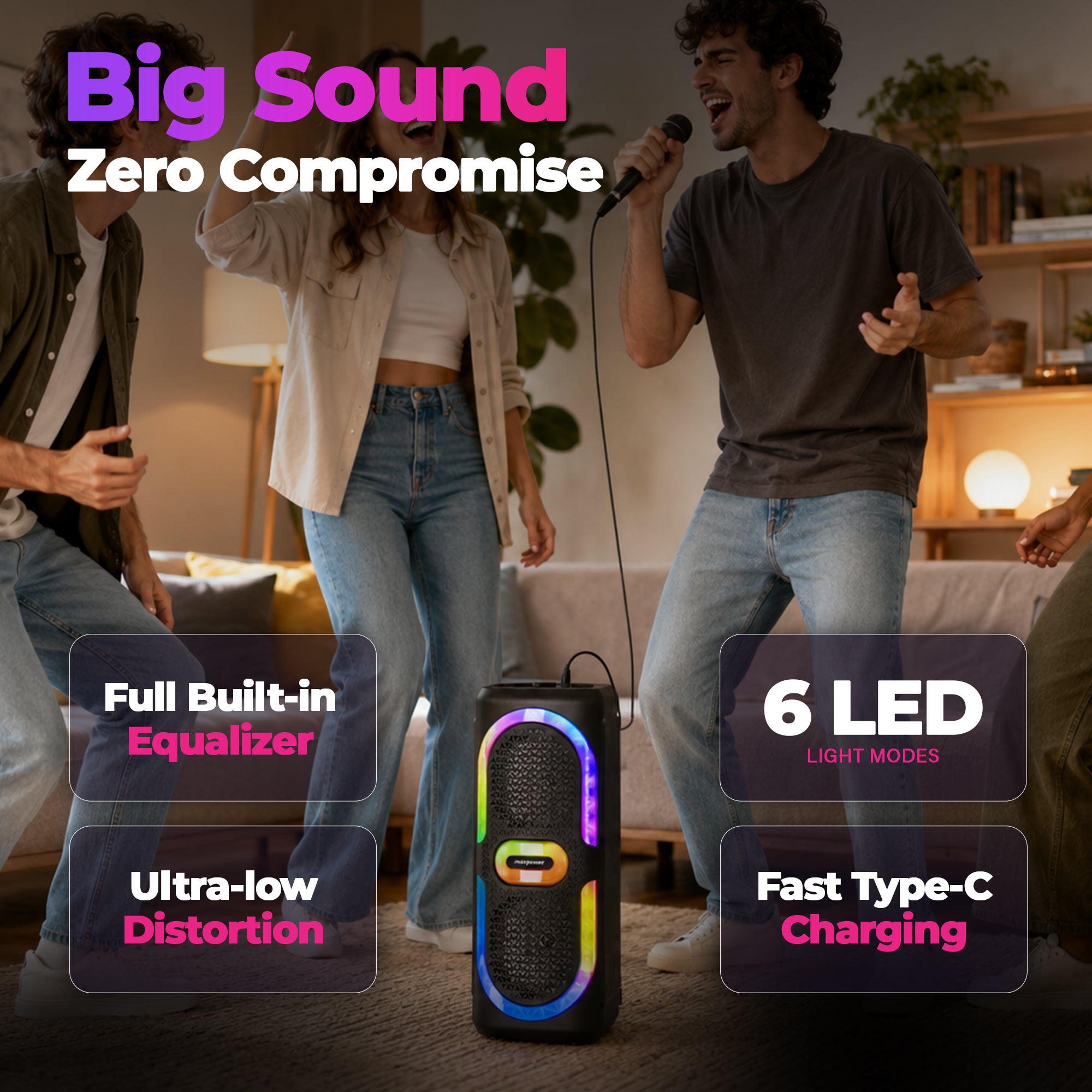 Max Power MPD6D 6.5" Bluetooth Karaoke Speaker, LEDs, Dual Woofers & Microphone - VMInnovations