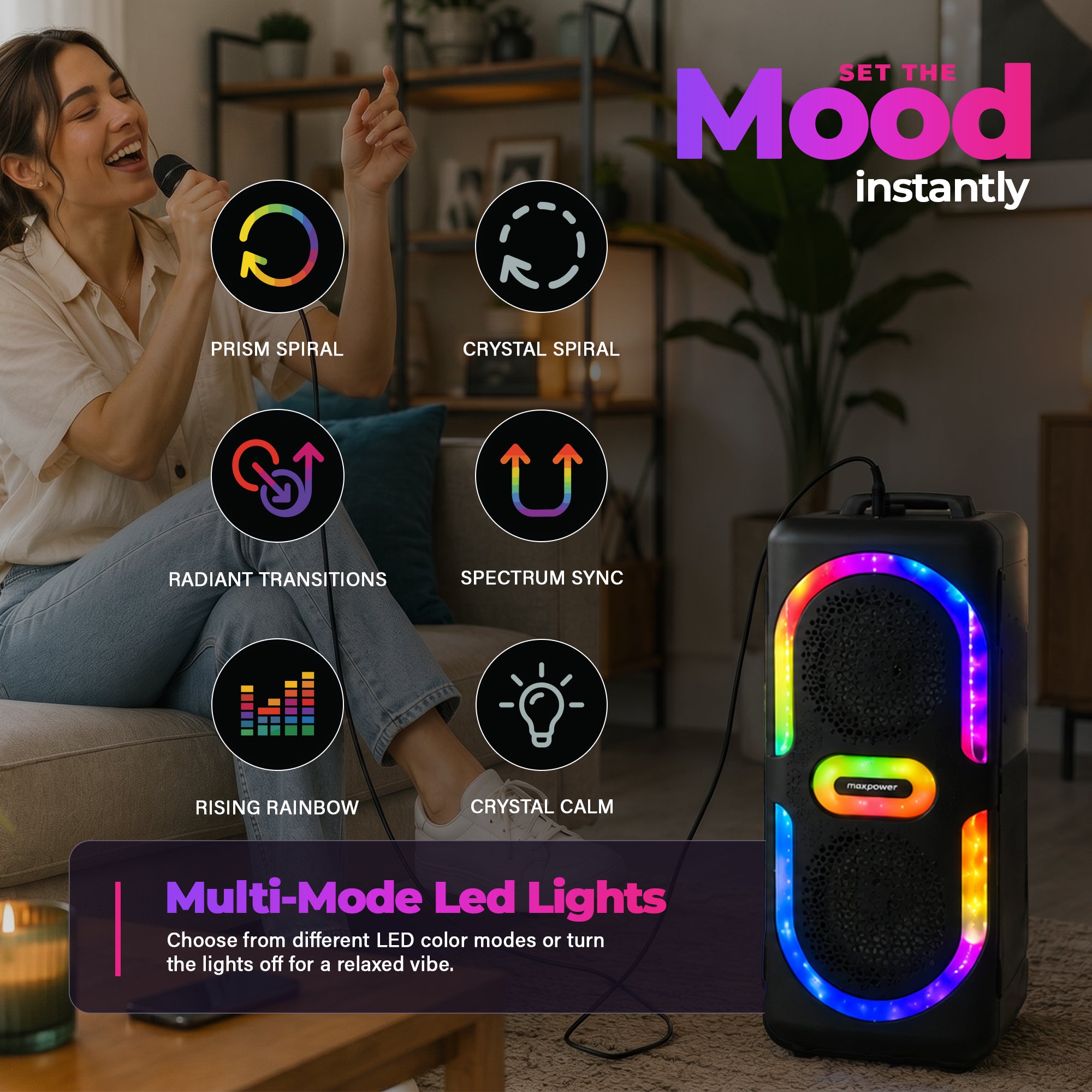 Max Power MPD6D 6.5" Bluetooth Karaoke Speaker, LEDs, Dual Woofers & Microphone - VMInnovations