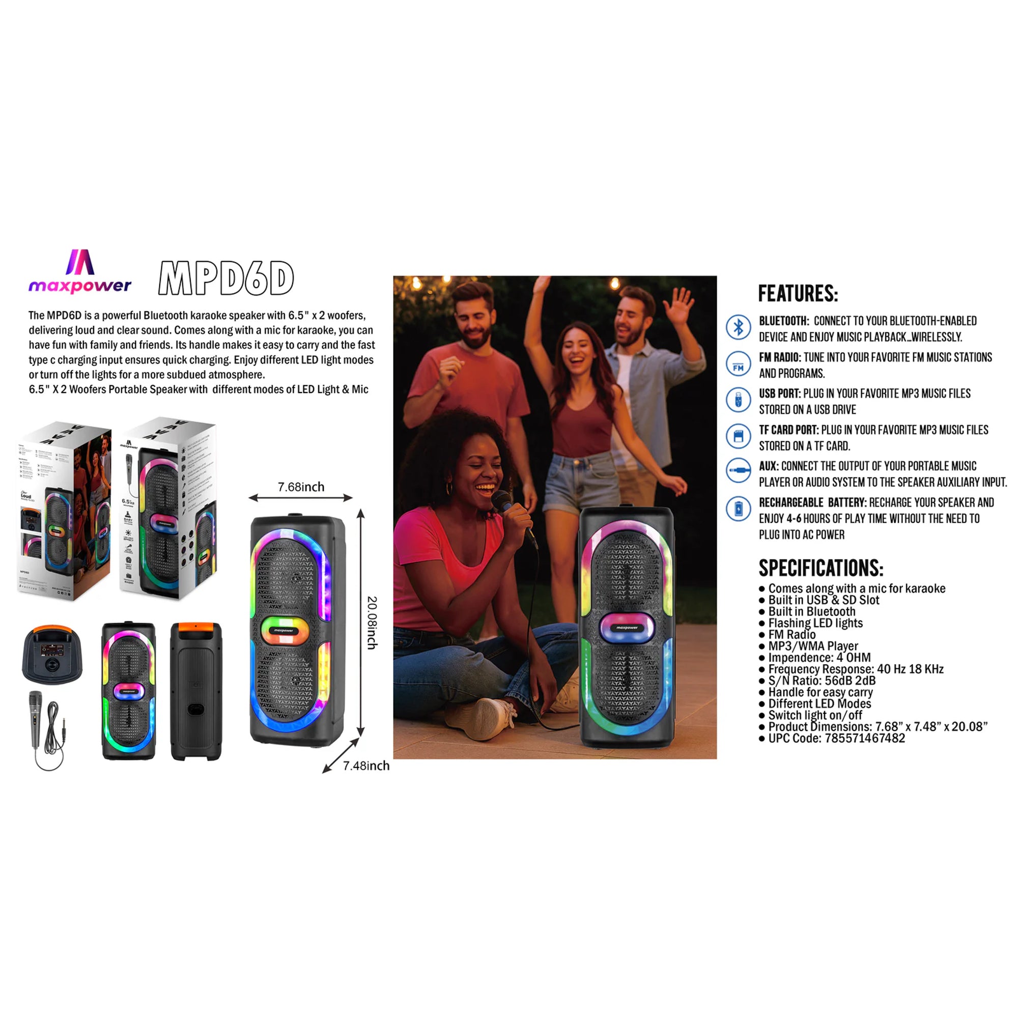 Max Power MPD6D 6.5" Bluetooth Karaoke Speaker, LEDs, Dual Woofers & Microphone - VMInnovations