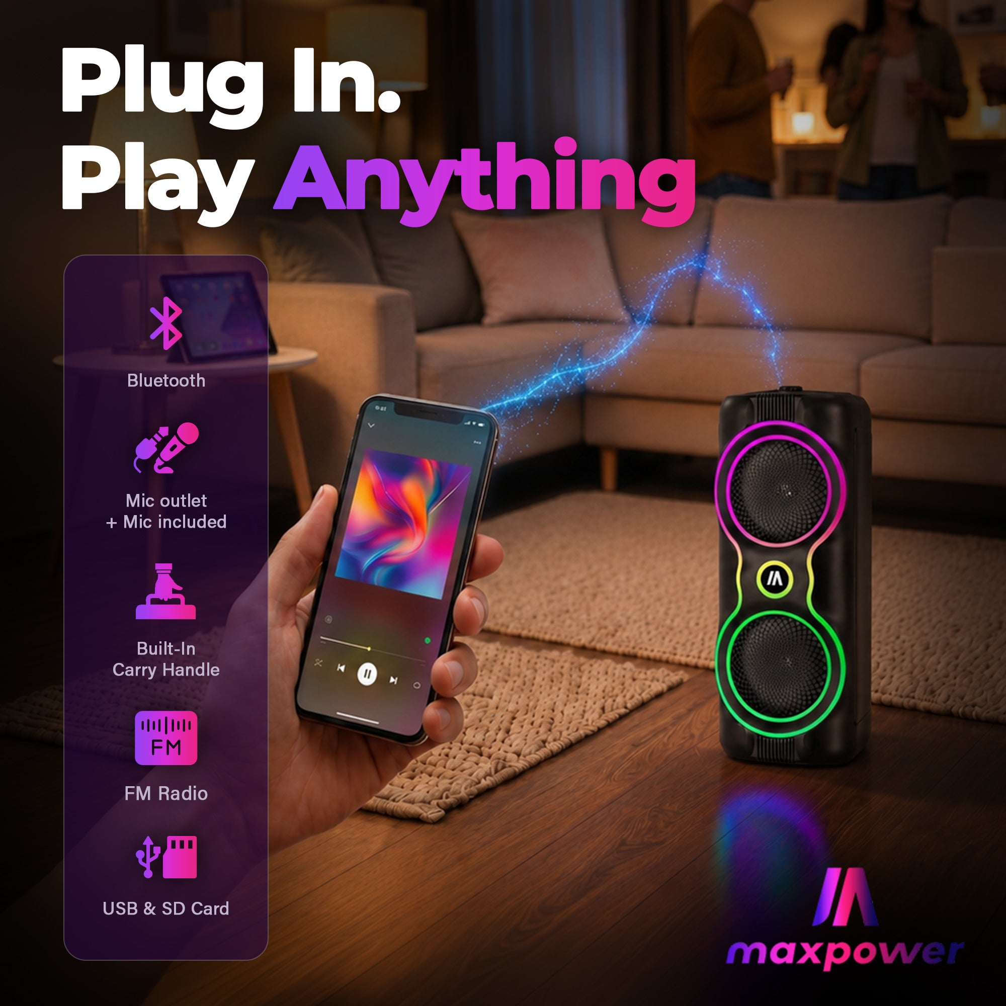 Max Power MPD6M 6.5" Bluetooth Karaoke Speaker, LEDs, Dual Woofers & Microphone - VMInnovations