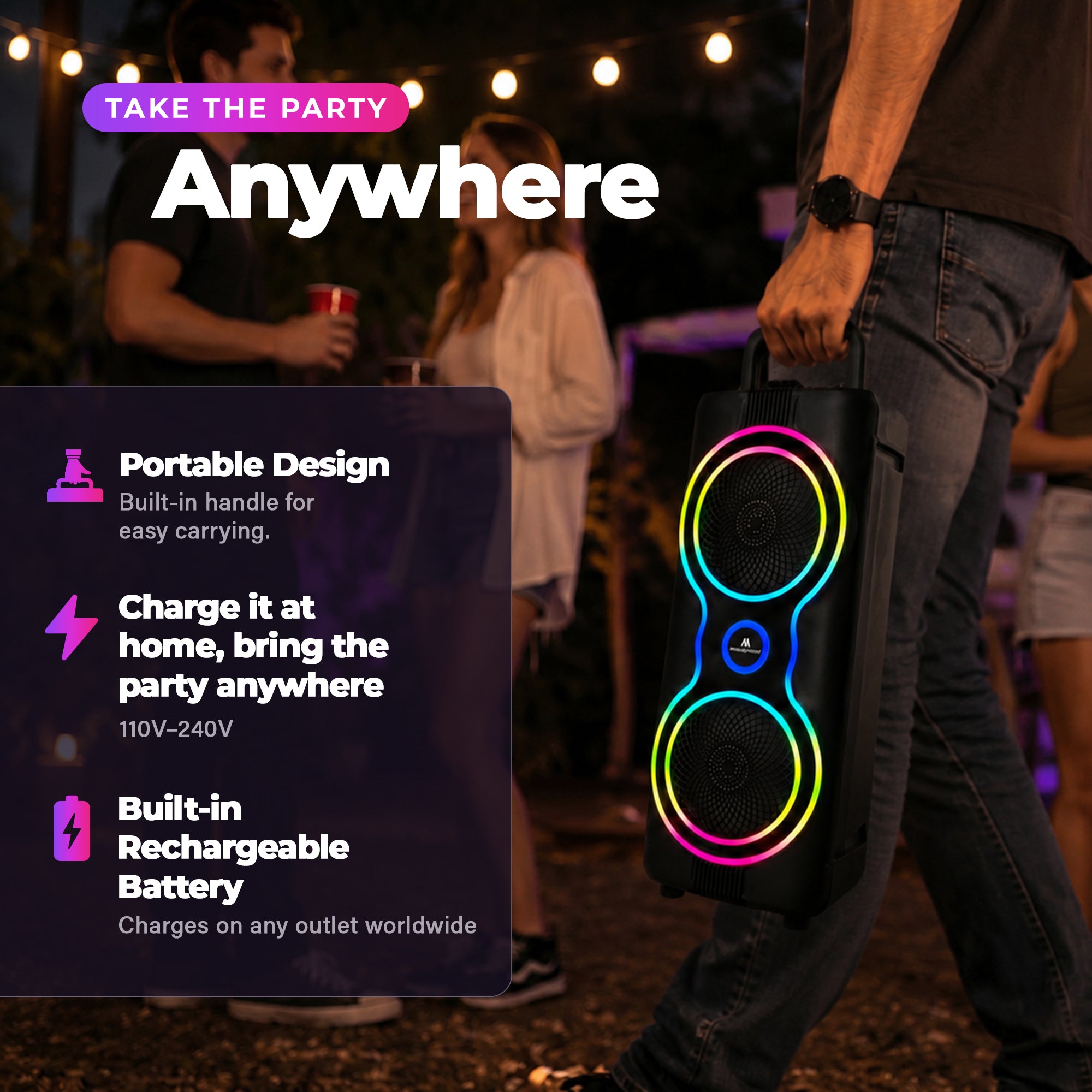 Max Power MPD6M 6.5" Bluetooth Karaoke Speaker, LEDs, Dual Woofers & Microphone - VMInnovations