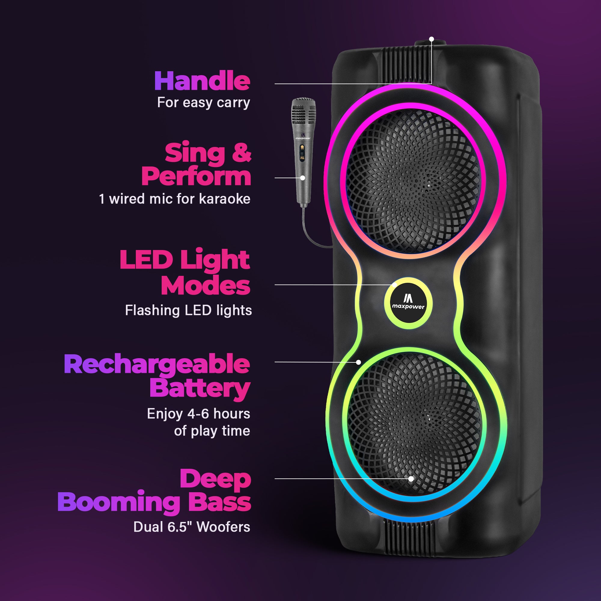 Max Power MPD6M 6.5" Bluetooth Karaoke Speaker, LEDs, Dual Woofers & Microphone - VMInnovations