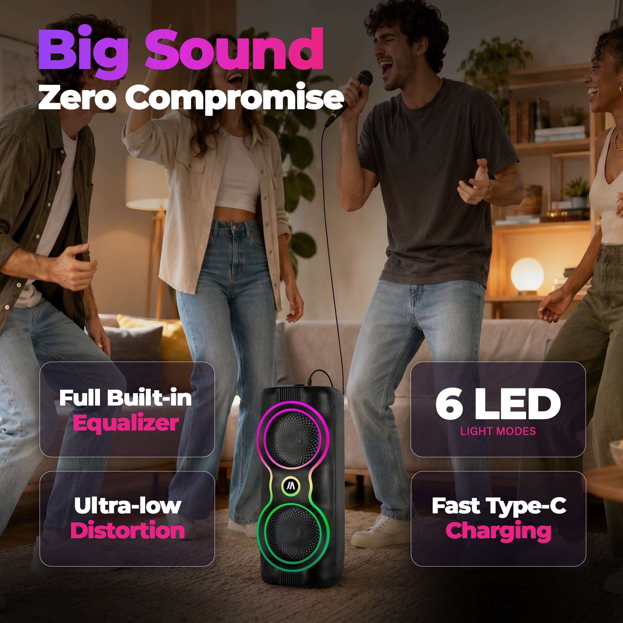 Max Power MPD6M 6.5" Bluetooth Karaoke Speaker, LEDs, Dual Woofers & Microphone - VMInnovations