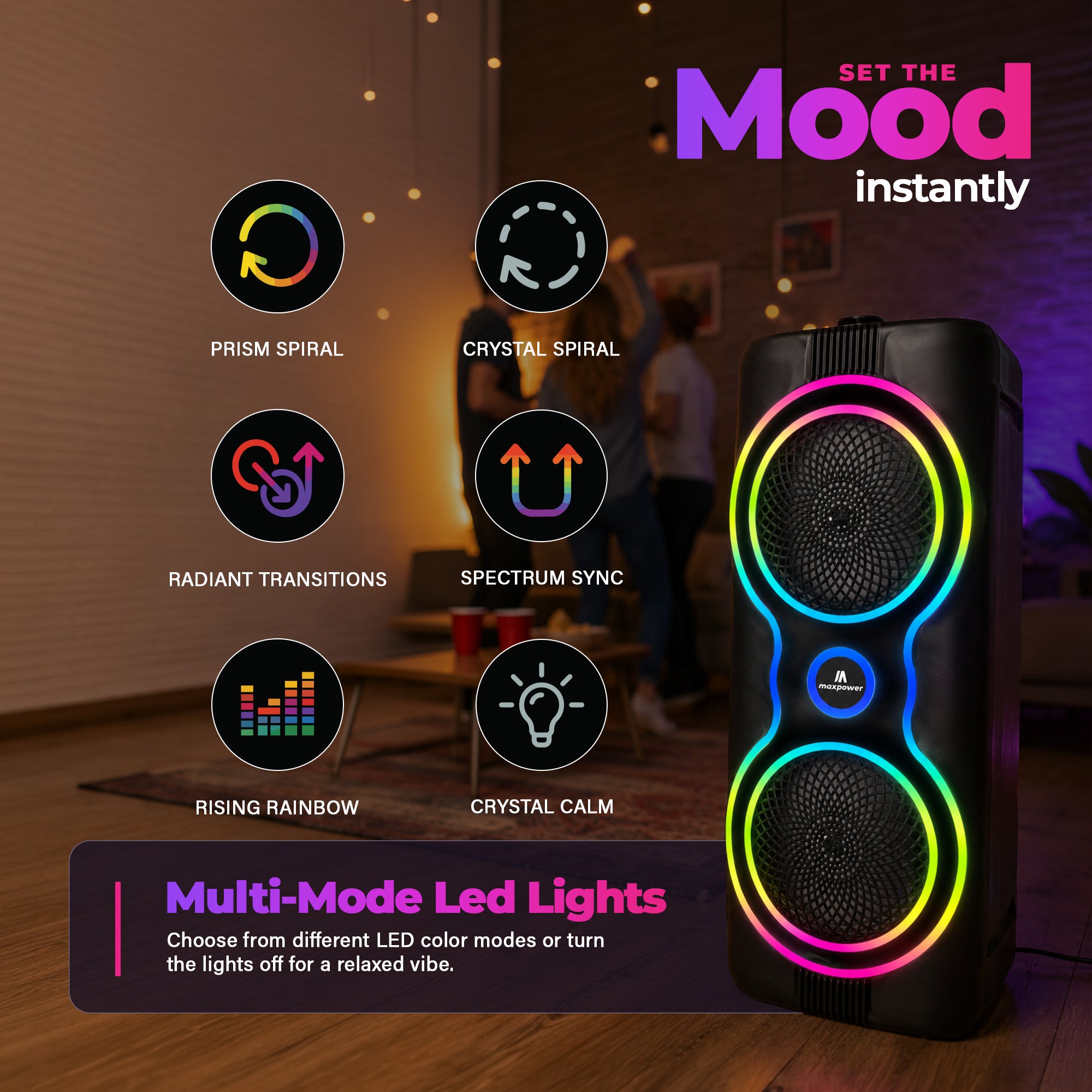 Max Power MPD6M 6.5" Bluetooth Karaoke Speaker, LEDs, Dual Woofers & Microphone - VMInnovations