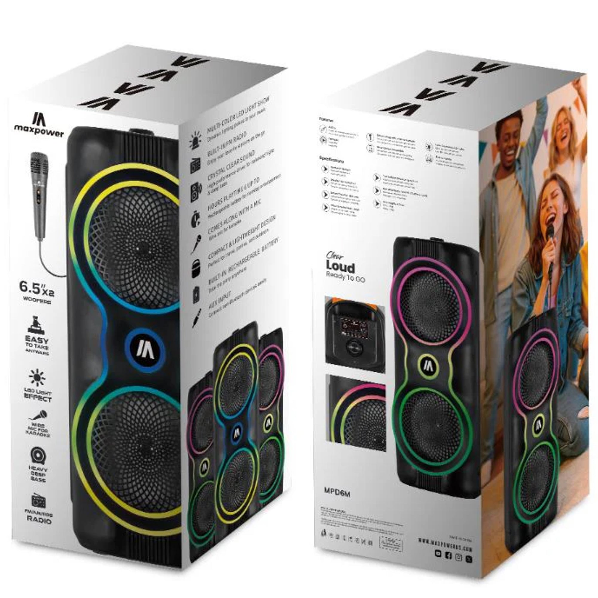 Max Power MPD6M 6.5" Bluetooth Karaoke Speaker, LEDs, Dual Woofers & Microphone - VMInnovations