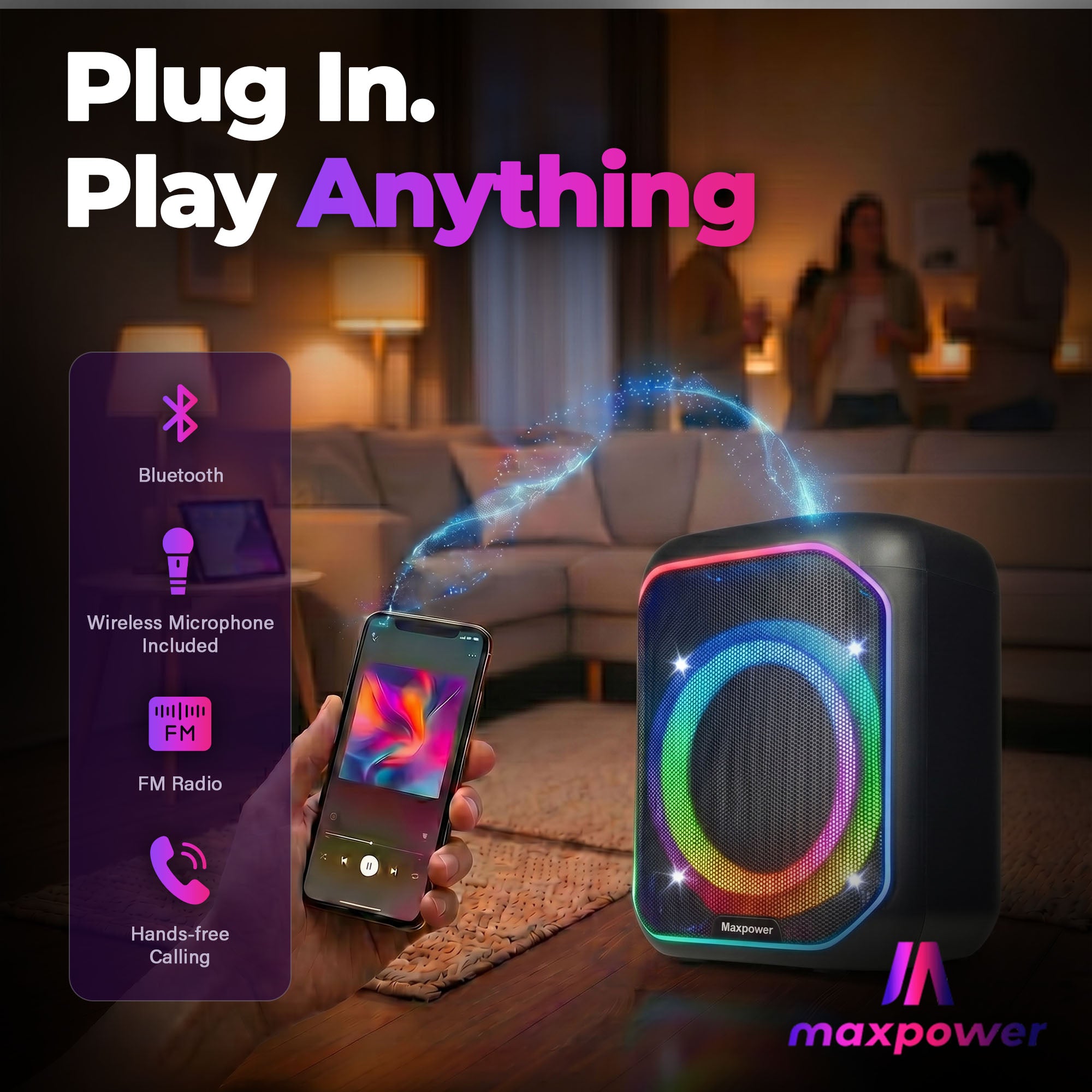 Max Power Lumi Blast karaoke Bluetooth Speaker with Multiple LED Light Modes - VMInnovations