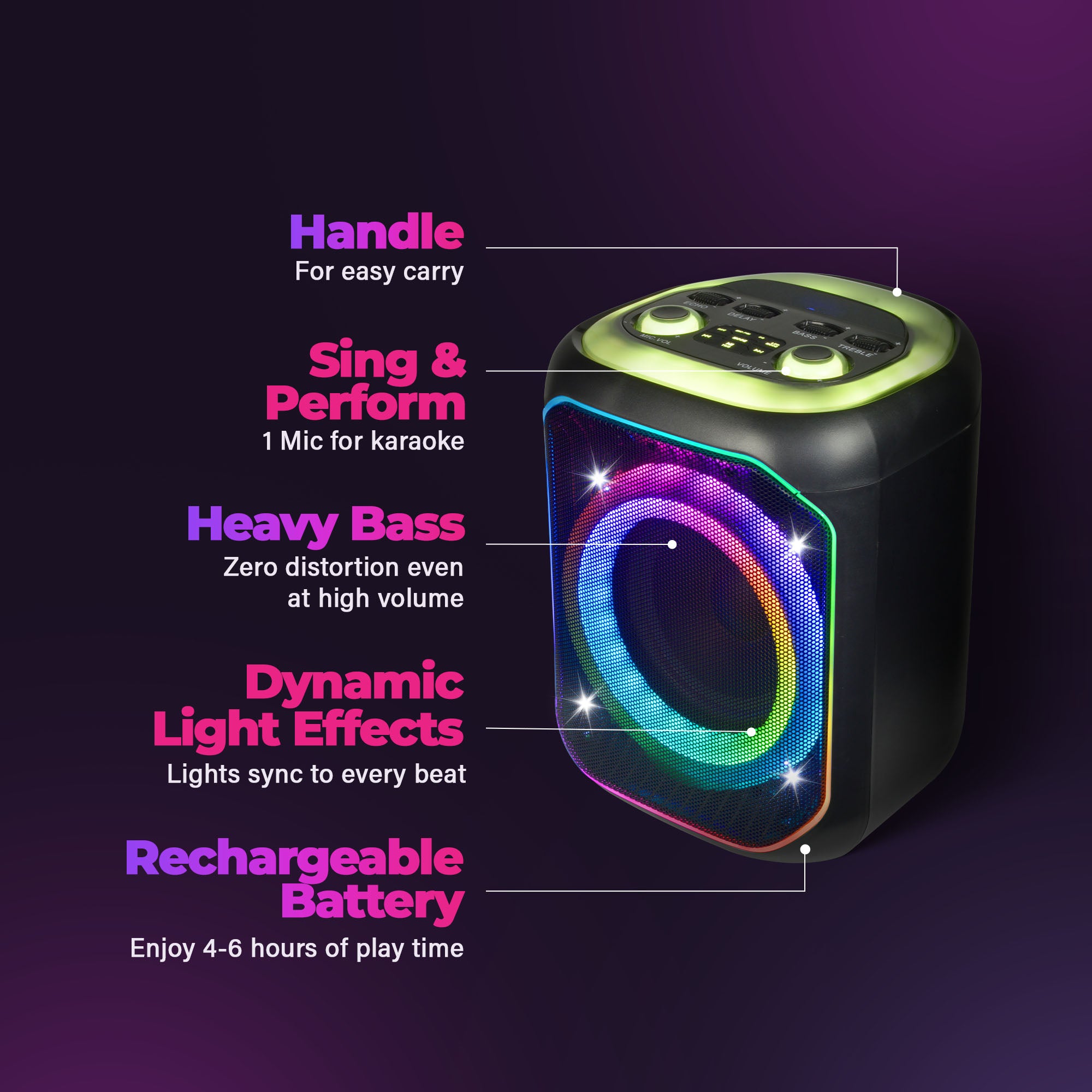 Max Power Lumi Blast karaoke Bluetooth Speaker with Multiple LED Light Modes - VMInnovations