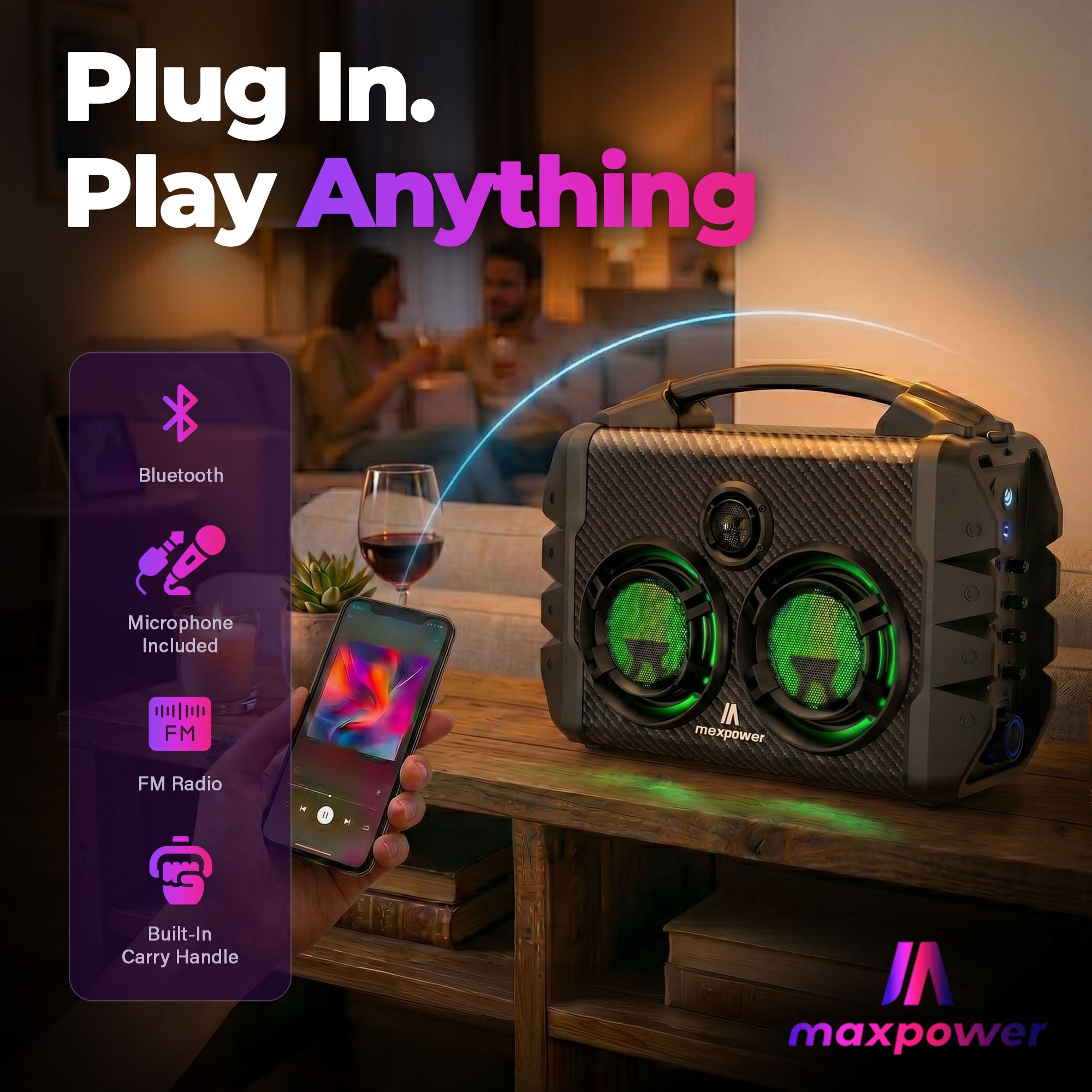 Max Power Party Box Portable Bluetooth Karaoke Speaker with LED Lights, Green - VMInnovations