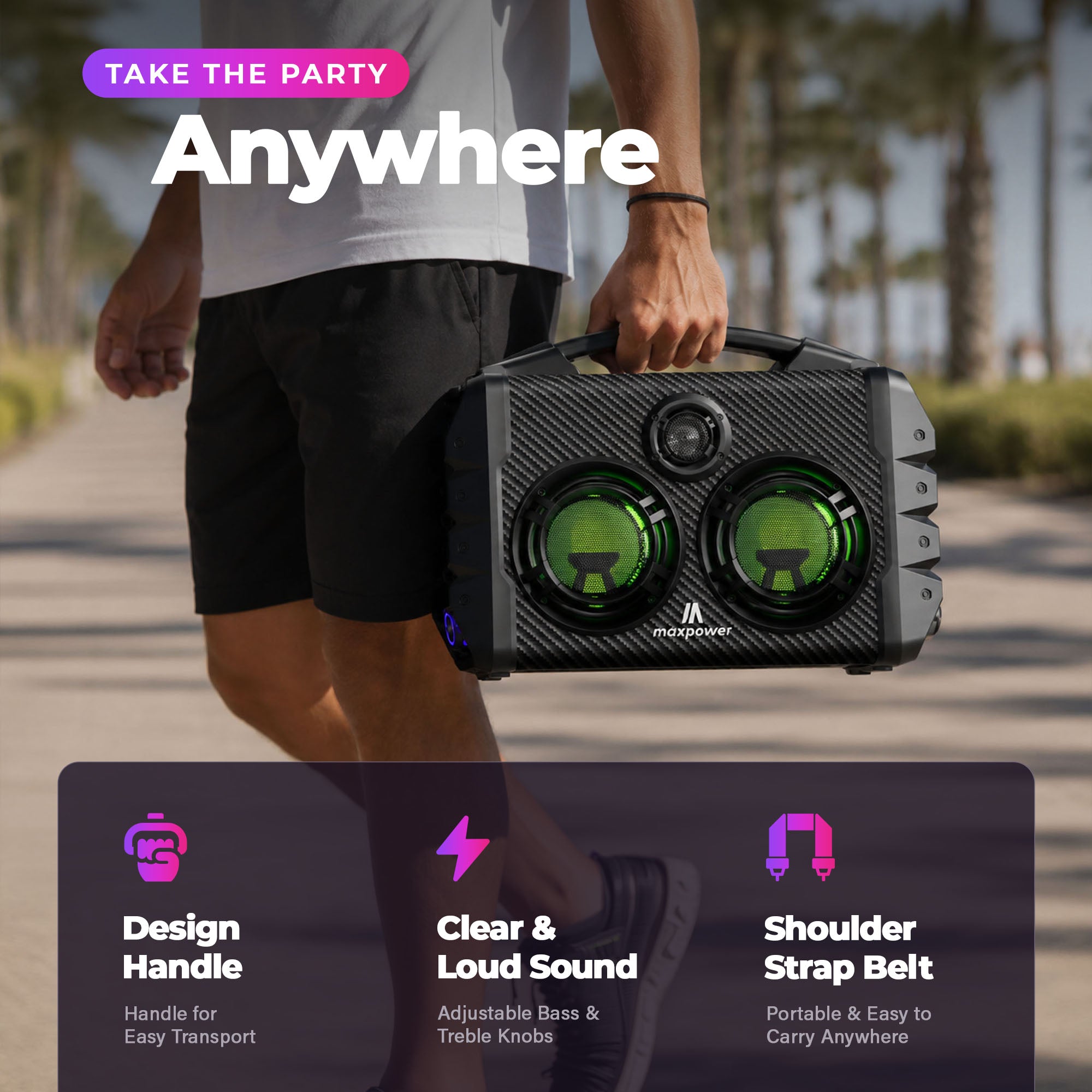Max Power Party Box Portable Bluetooth Karaoke Speaker with LED Lights, Green - VMInnovations