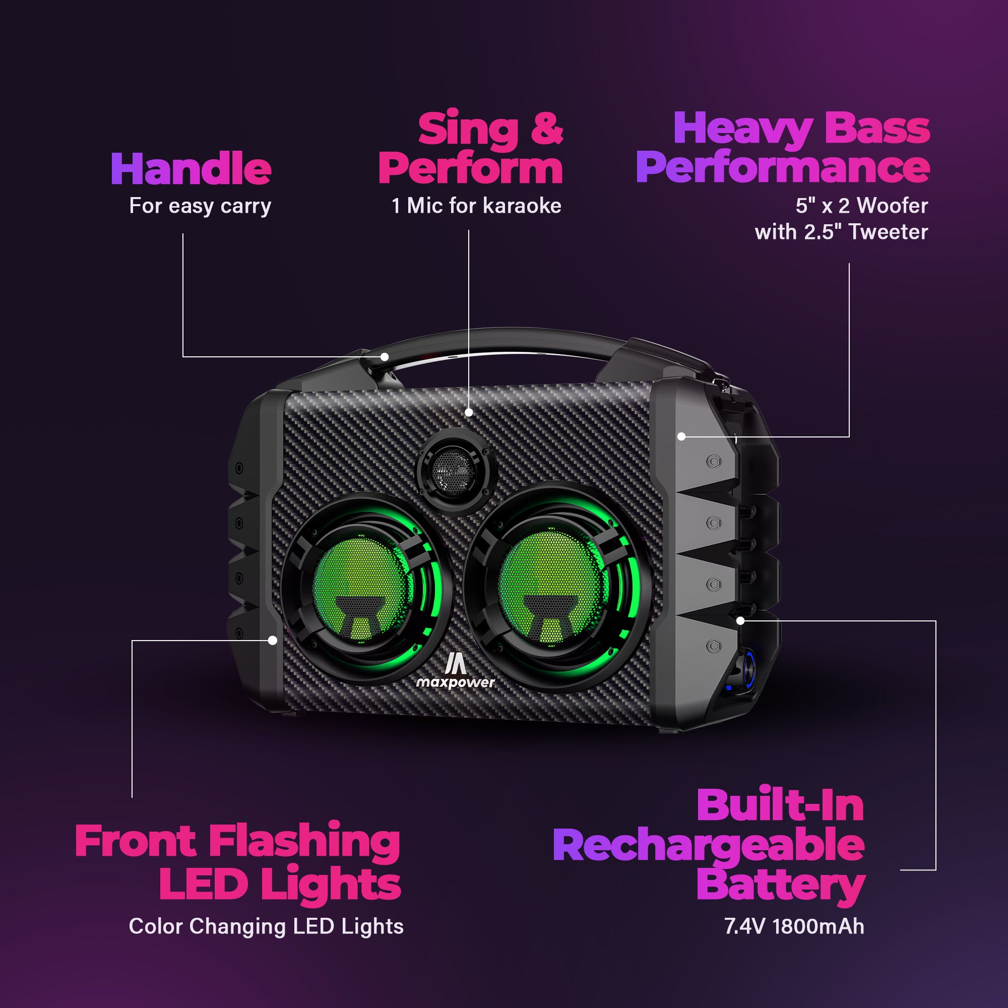 Max Power Party Box Portable Bluetooth Karaoke Speaker with LED Lights, Green - VMInnovations