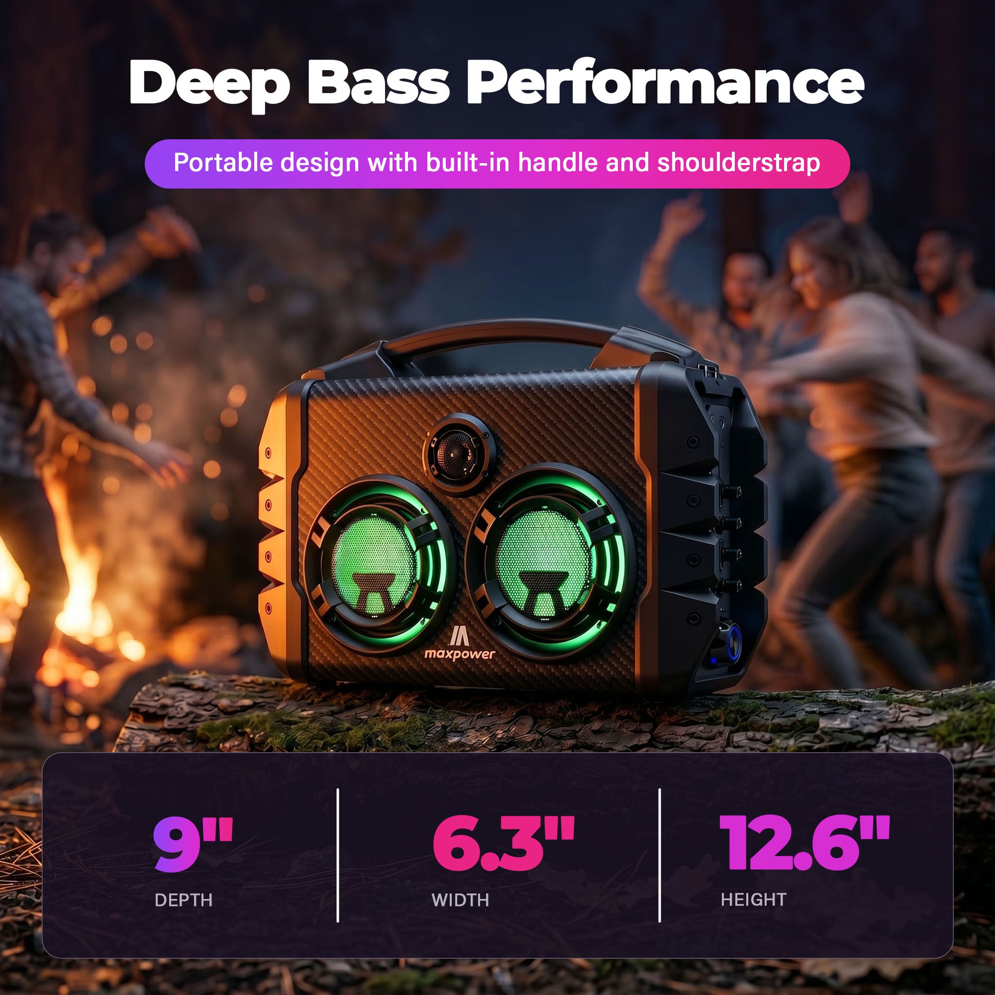 Max Power Party Box Portable Bluetooth Karaoke Speaker with LED Lights, Green - VMInnovations