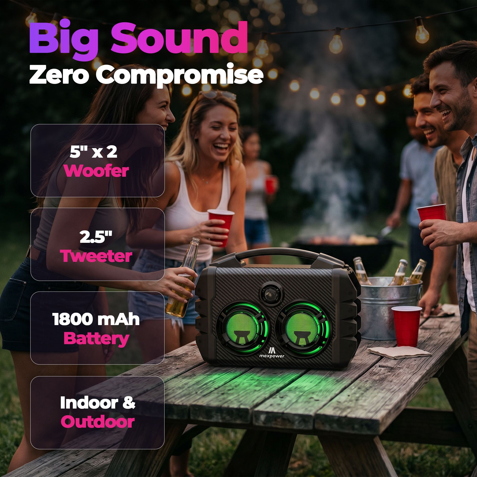 Max Power Party Box Portable Bluetooth Karaoke Speaker with LED Lights, Green - VMInnovations