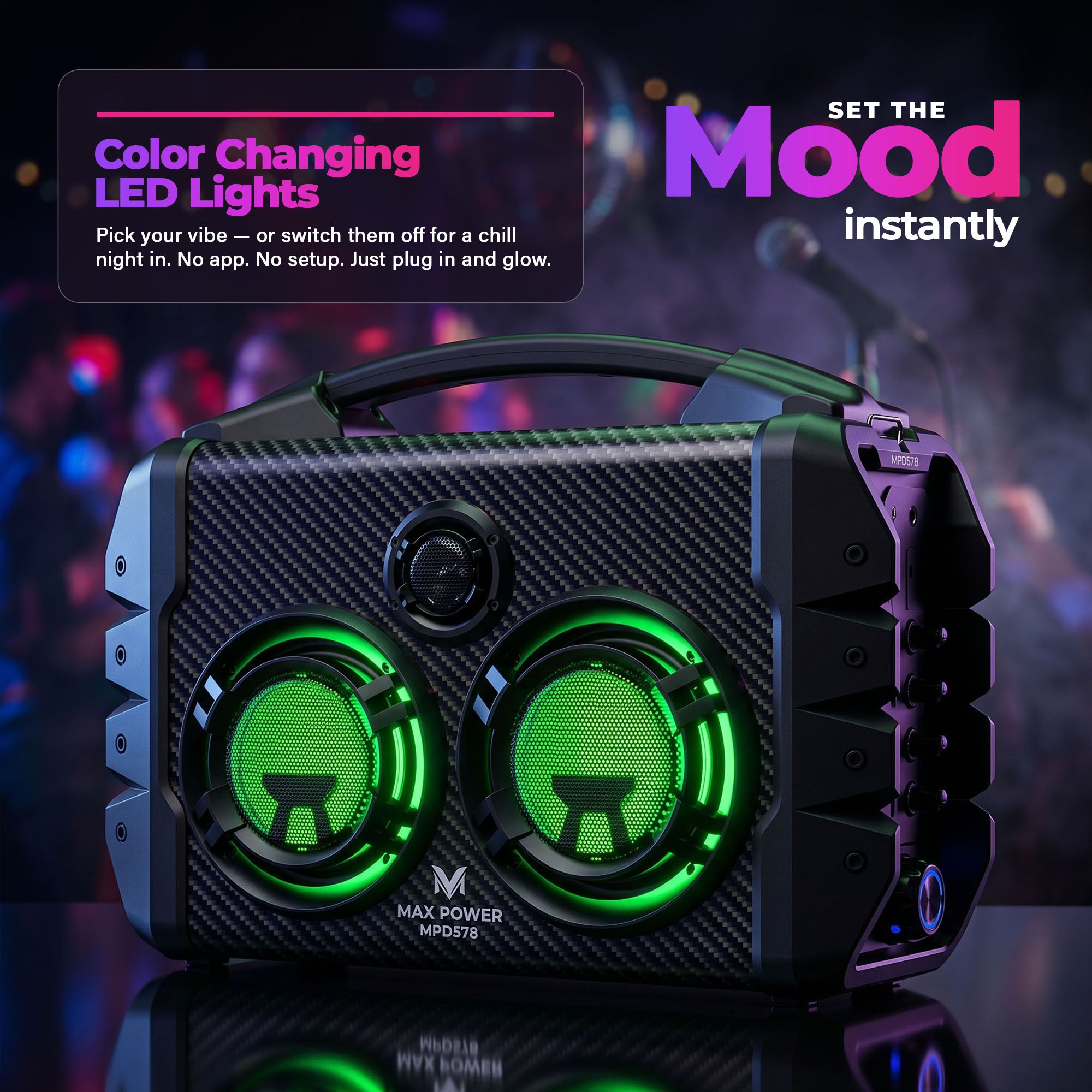 Max Power Party Box Portable Bluetooth Karaoke Speaker with LED Lights, Green - VMInnovations