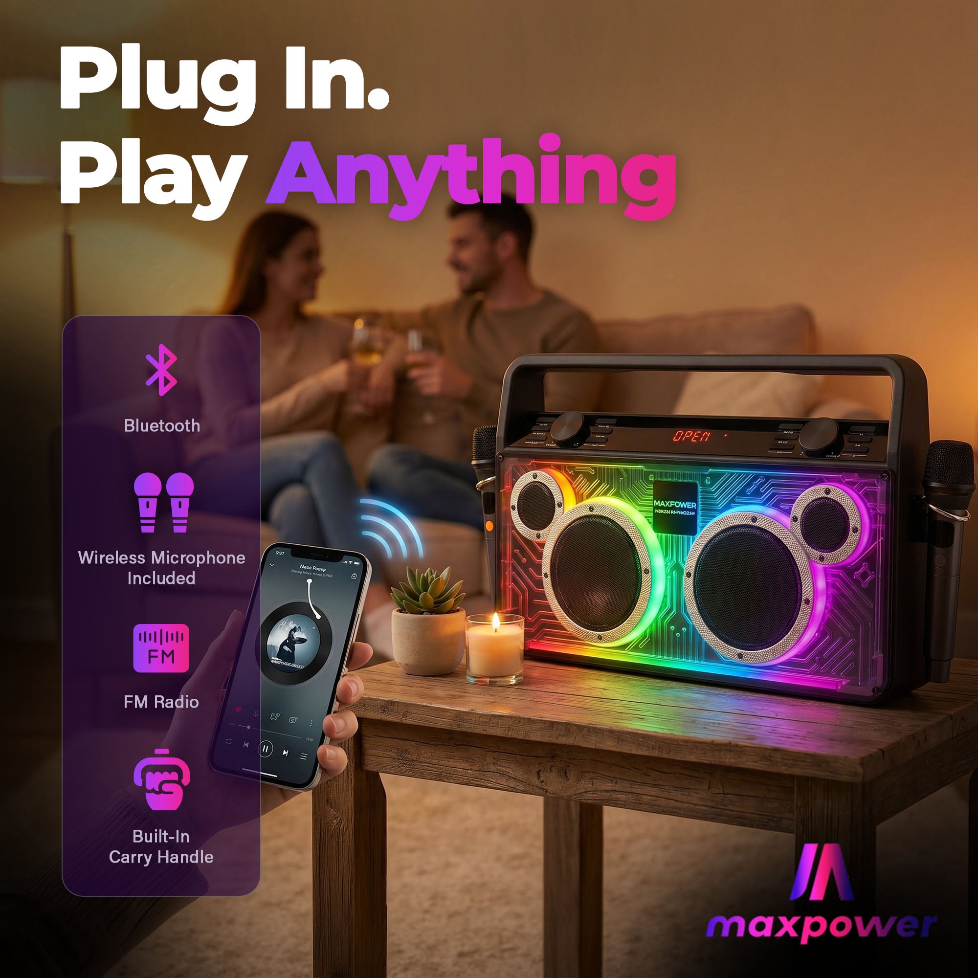 Max Power Retro Boom Portable Bluetooth Speaker with 2 Microphones & LED Lights - VMInnovations